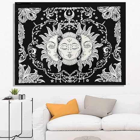 Khadgatta Handicrafts Tapestry Lovers Mandala Tapestry Wall Hanging Tripple Sun Hippie Trippy Psychedelic Boho Bohemian Cotton Wall Hanging Tapestry (Black and White, 40 X 30 Inches)