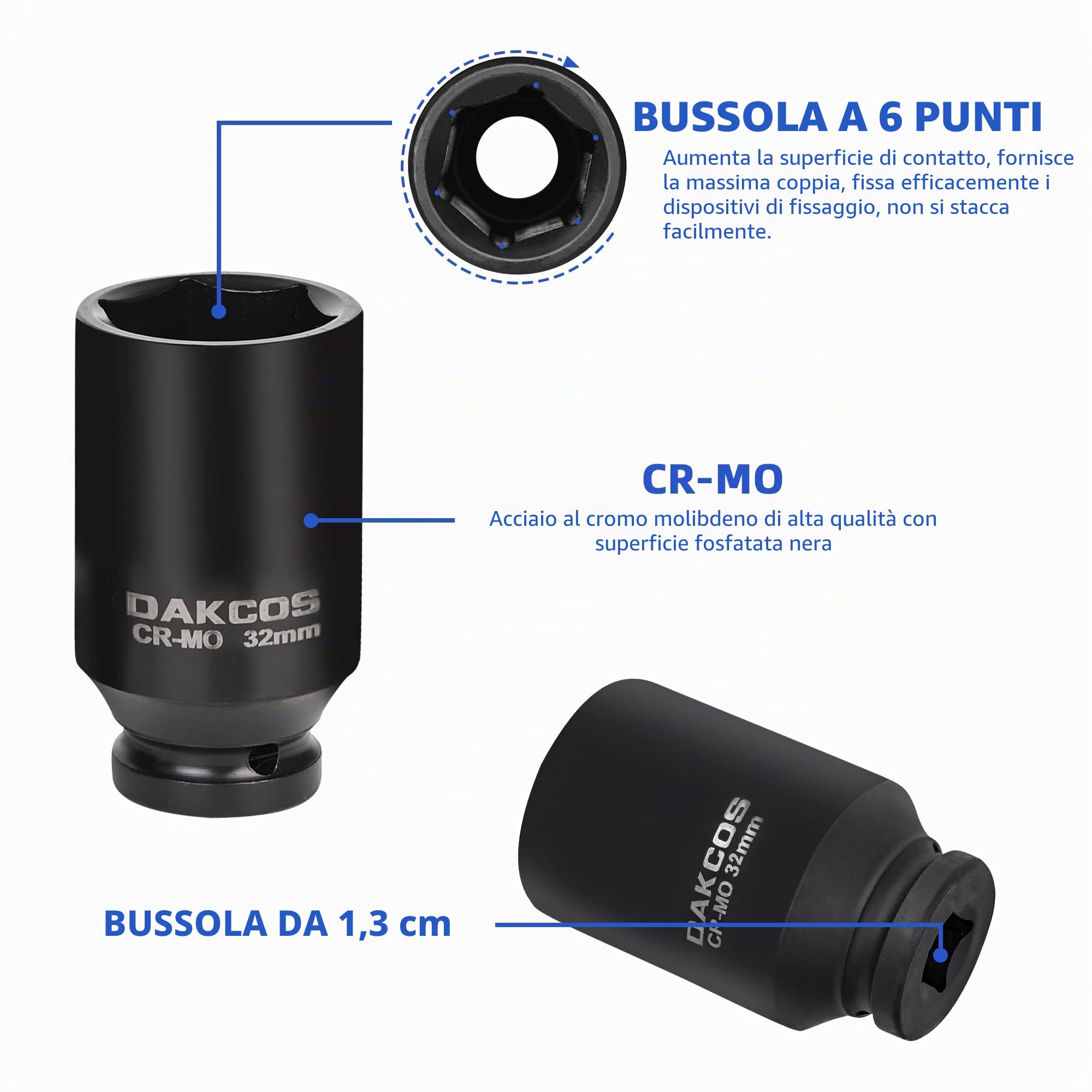 DAKCOS 16 Pezzi di Bussole Esagonali 1/2", Metriche Esagonale 10-32 mm | Set Bussole a Impatto Profondo Prese,Cr-Mo