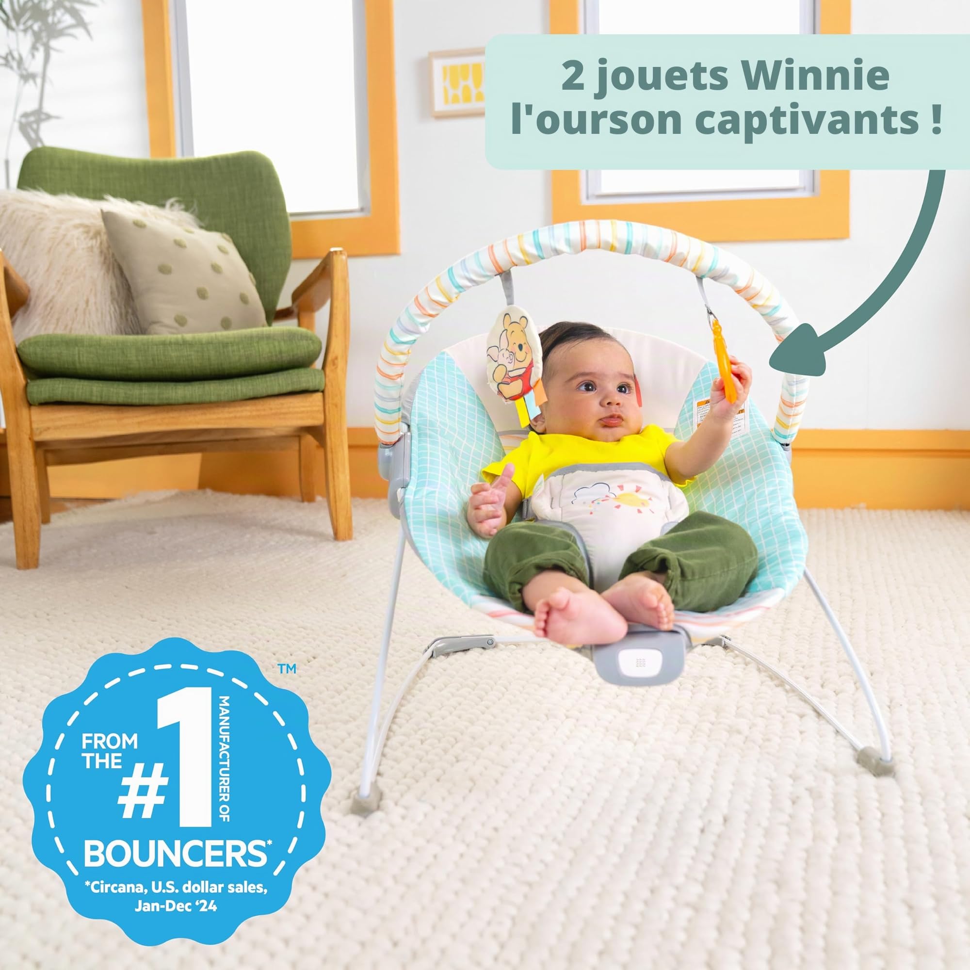 Disney Baby Winnie l’Ourson Hunny Hues – Transat Vibrant Bébé avec Arche et Jouets, Unisexe, Dès la Naissance