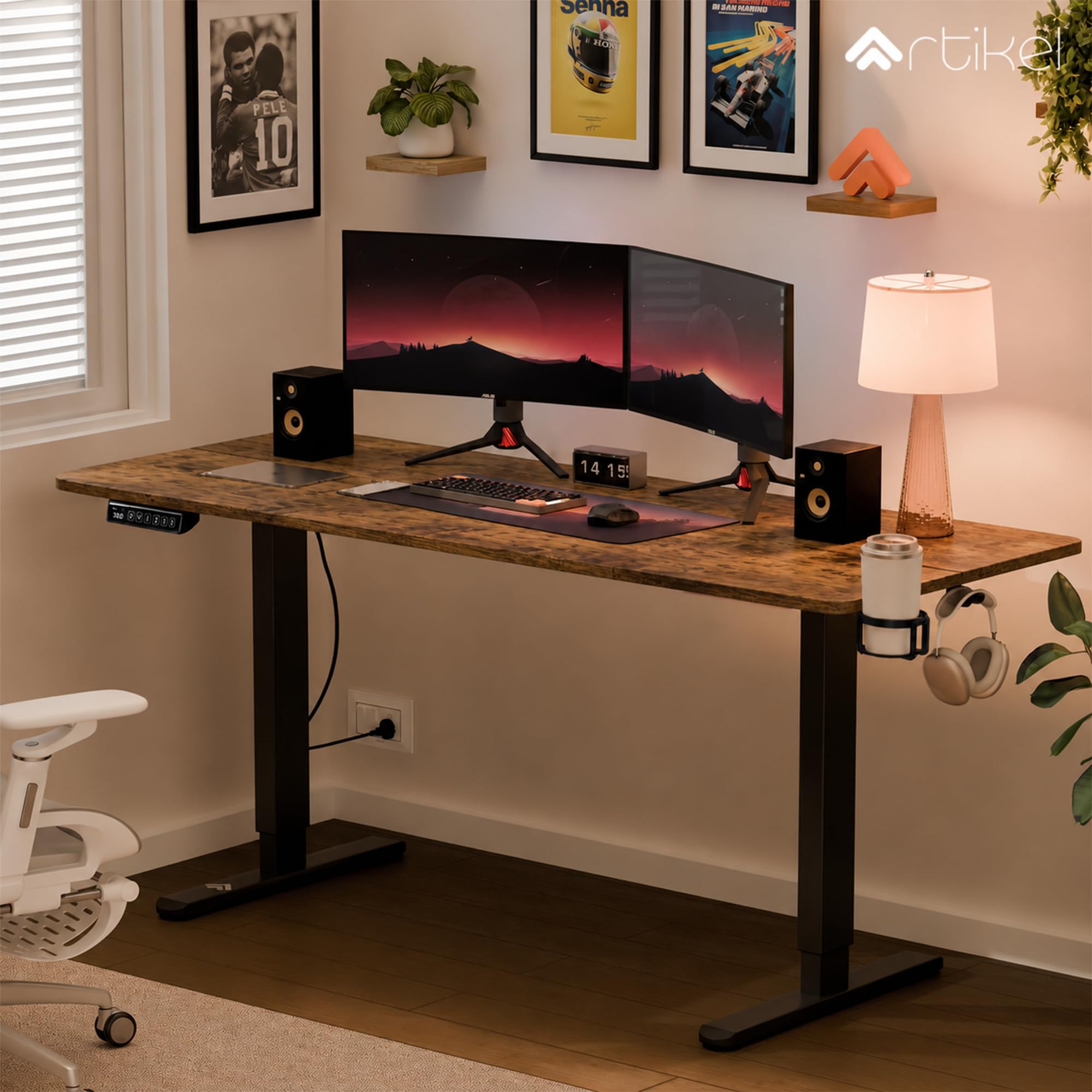 ARTIKEL Artidesk Eco Electric Height Adjustable Table for Office Work & Home-Sit Stand Gaming Desk 80kg Load, Cup Holder, 2 Hooks,Cable Organizer 2Split Tabletop (Rustick Brown, Eco - 140x60 CM)