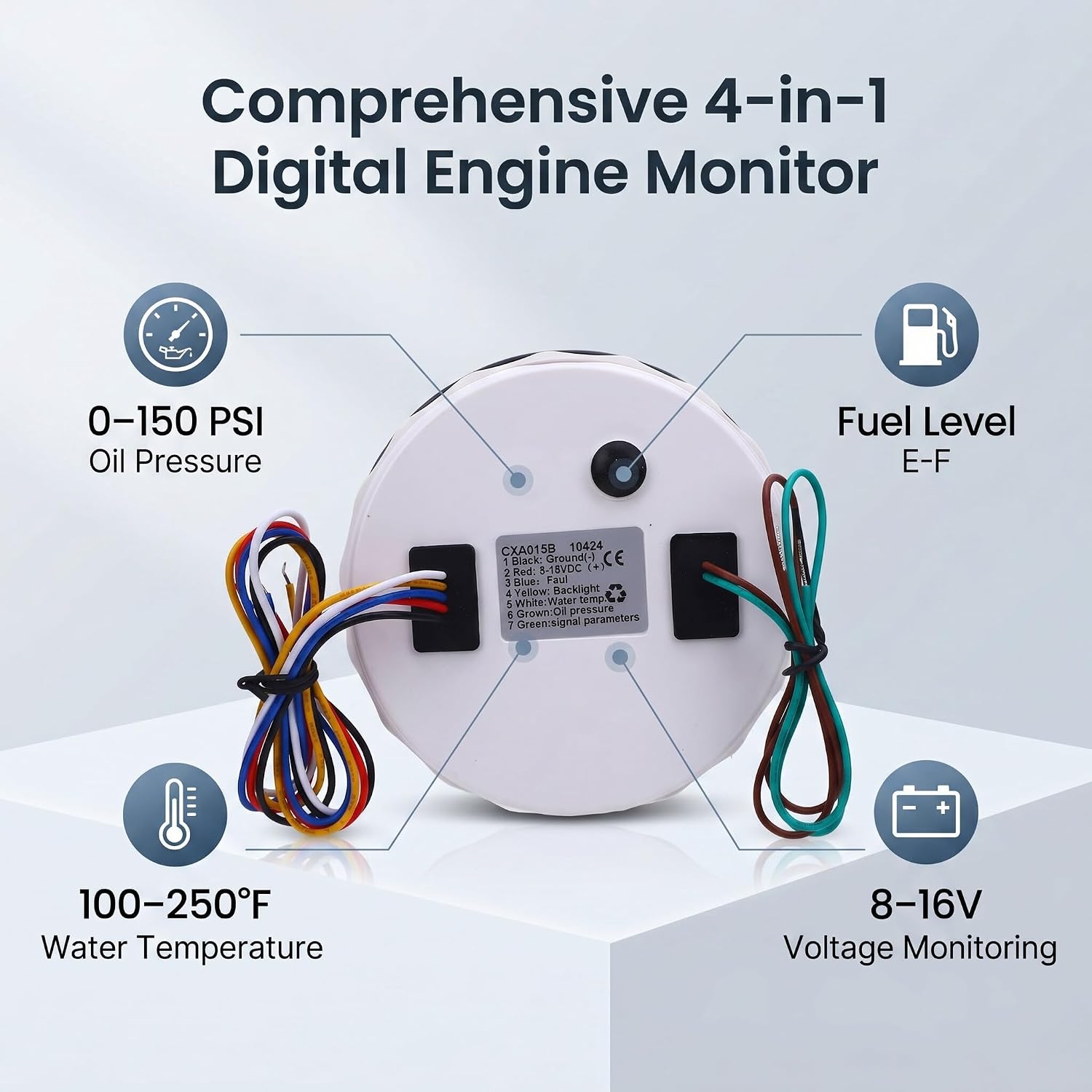 110mm Gauge, 4 in 1 Multifunction Gauge, Fuel Level/Oil PSI (0-150 PSI) / Water Temp (100-250°F) / Voltmeter (8-16V DC), 4 3/8inch Electric Meter for Car Marine Boat (Black