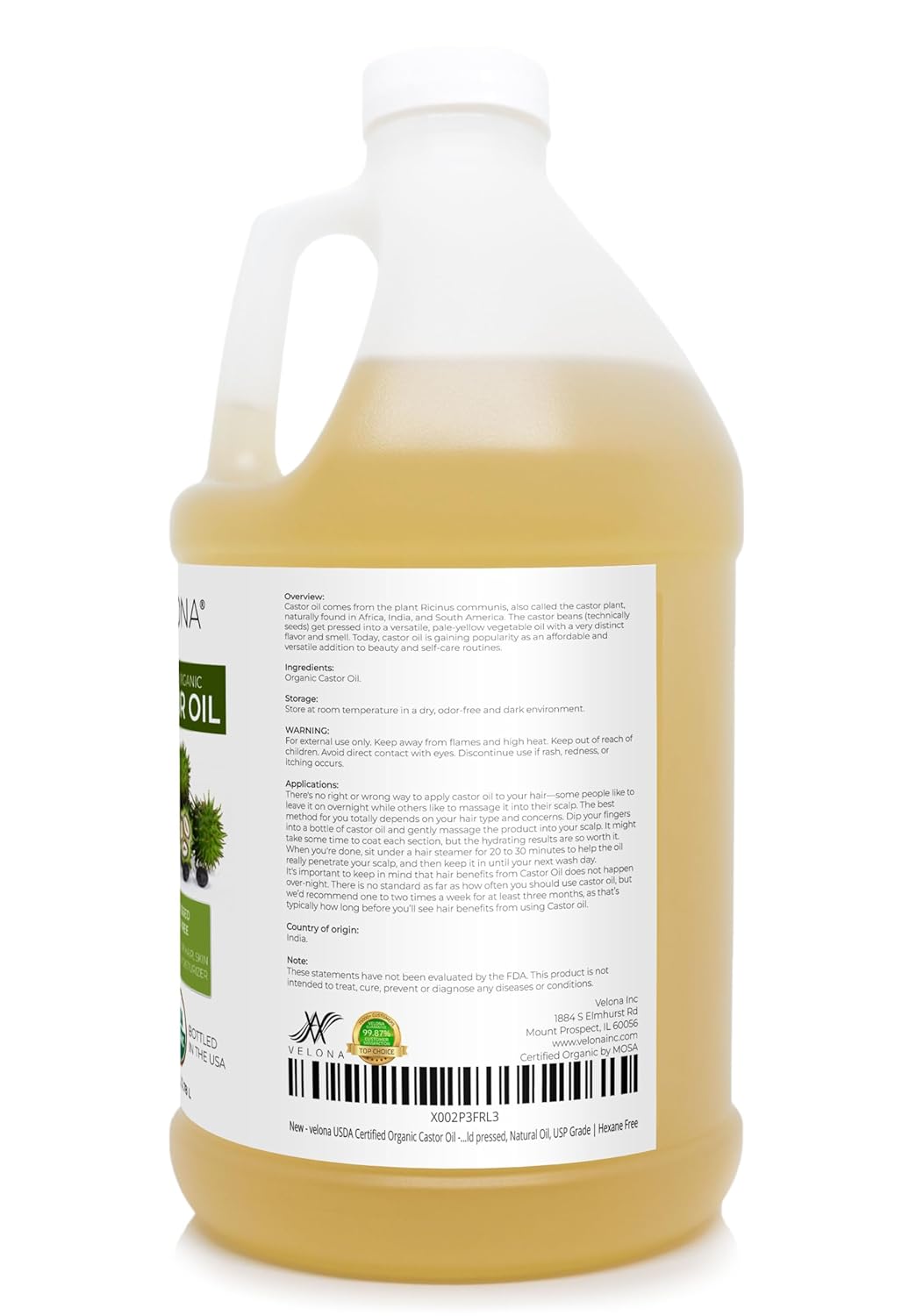 velona USDA Certified Organic Castor Oil - 1 Gallon / 128 Fl Oz | For Hair, Boost Eyelashes, Eyebrows | Cold pressed, Natural Oil, USP Grade | Hexane Free - Image 3