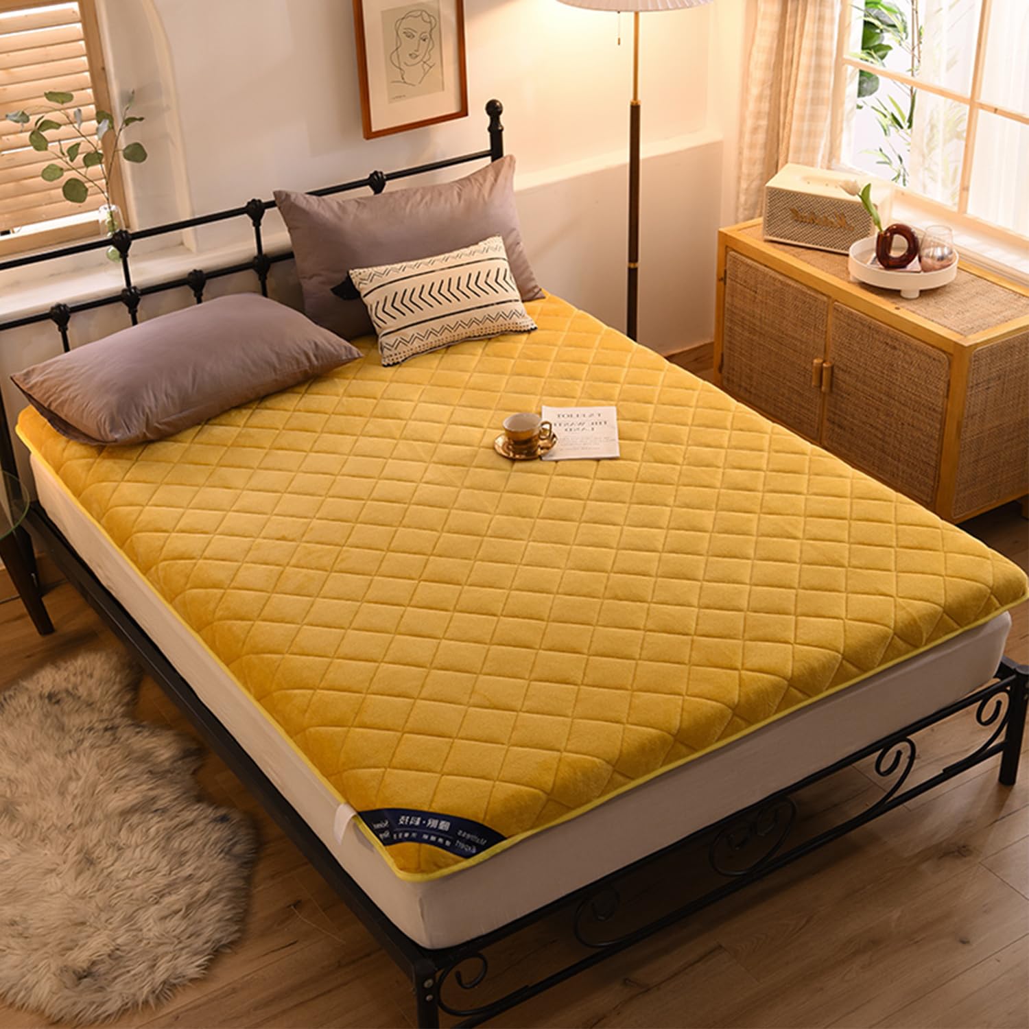 Materasso futon giapponese, coprimaterasso trapuntato, arrotolabile, tappetino per tatami per ospiti, shikibuton, giallo, 90 x 190 cm