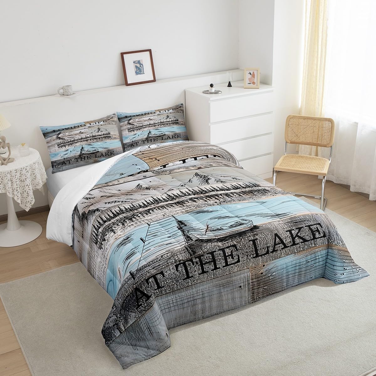 Erosebridal Lake House Queen Size Comforter Set, Rustic Farmhouse Bedding Set for Kids Boys Teens Adult Women, Wooden Bridge Blue Grey Duvet Sets Mountain Barn Door Duvet Insert Gift for Lake Lover image 5