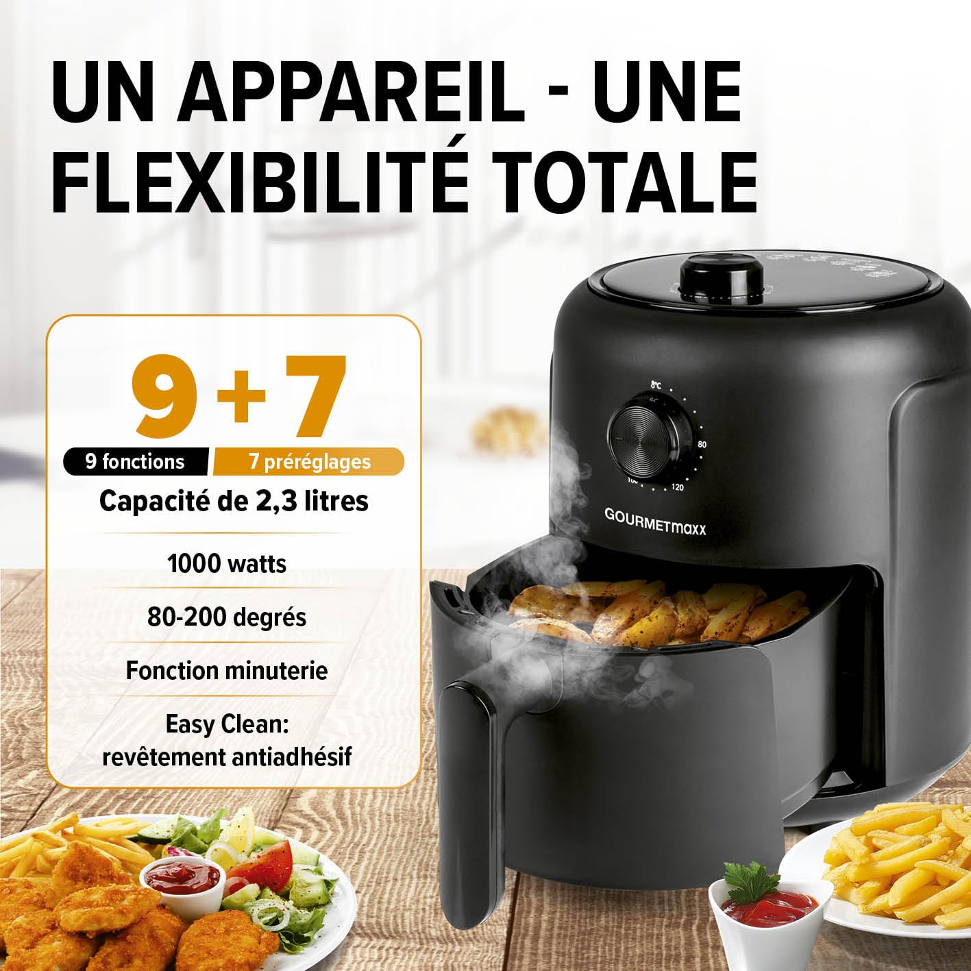 GOURMETmaxx Air Fryer de 2,3L | Friteuse à air chaud avec minuterie & écran tactile | 8 fonctions & 7 programmes | Frire à économie d'énergie & presque sans huile dans ce mini-four - 1000 W [Noir]