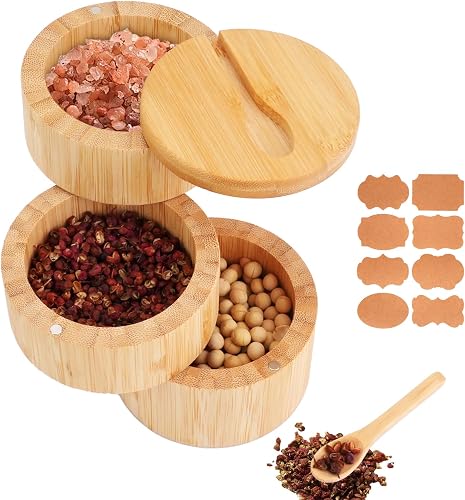 JIABEIUS Bamboo Salt Box with Swivel Lid and Spoon, 3-Tier Salt Cellar Container