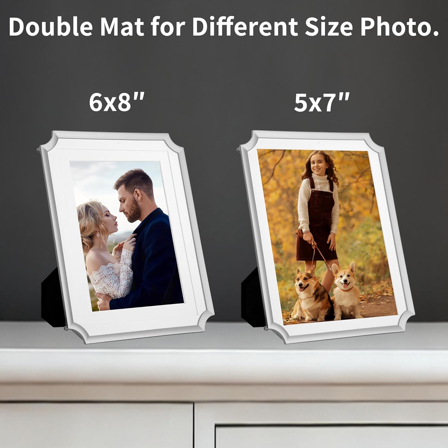 Luxury Silver 7x9'' Neoclassical Zinc Alloy Picture Frame with Acid-Free Double Mat for 5x7’'& 6x8,Hi-End Classy Heavy-Duty Metal Frame,Velvet Backing,Tabletop Display or Wall Mount