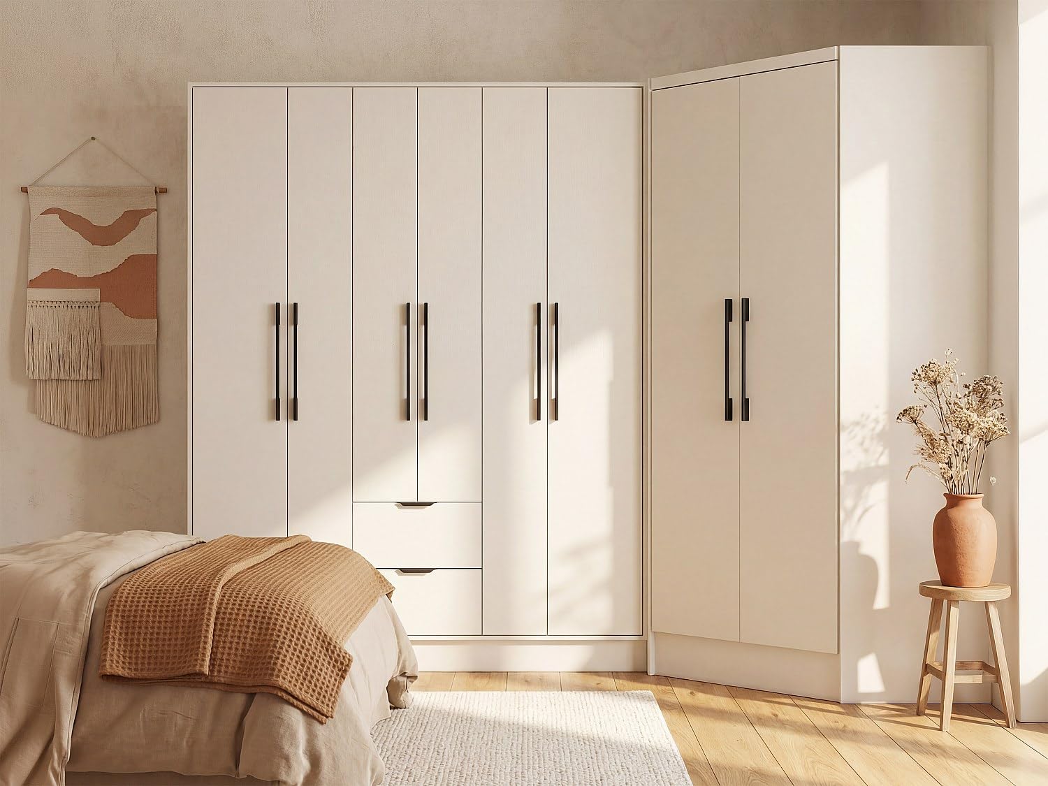 Vente-unique - Armoire d'angle 8 Portes et 2 tiroirs - L263 cm - Blanc - FEOVA