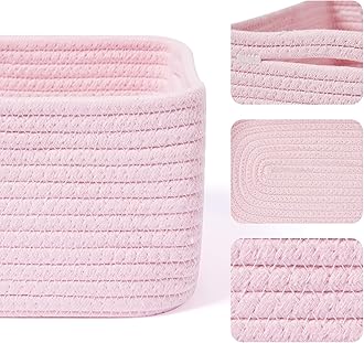 MiniArk Small Storage Baskets for Organizing | Closet Organizer Bins | Shelf Toy Basket | Woven Rope Baskets | Cube Decorative Box | Shallow Basket | 13x8.5x5.1” | 3 Packs Pink