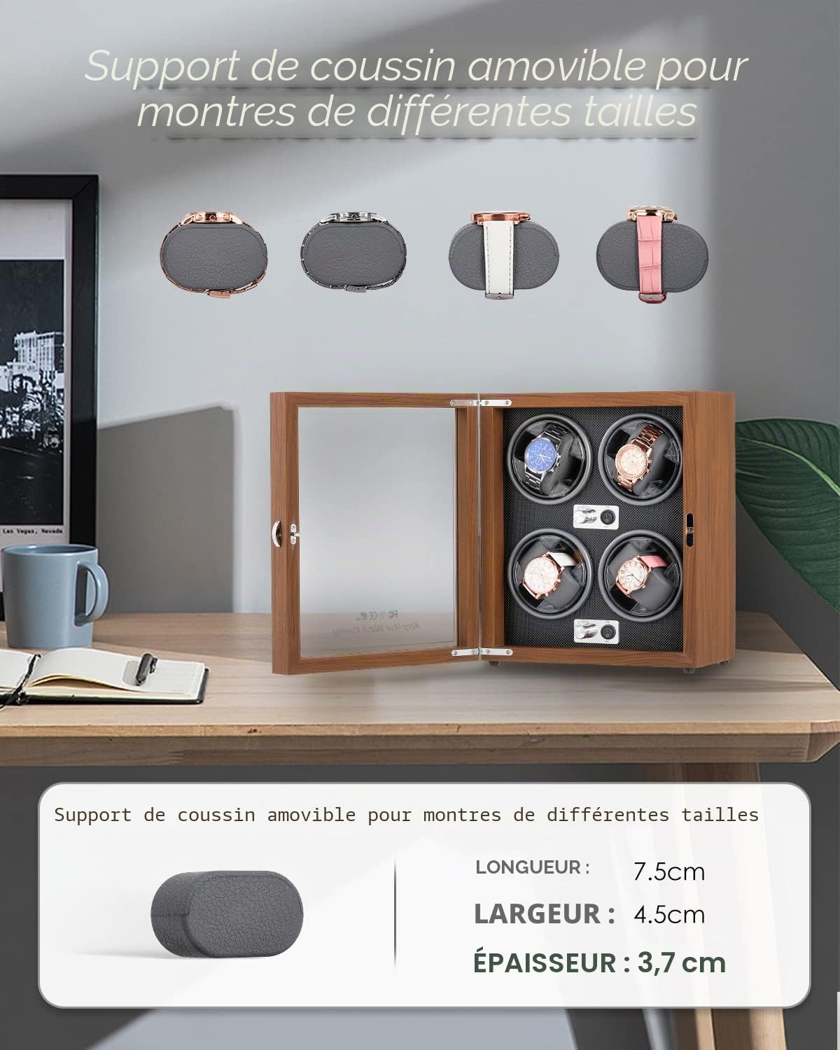 Mxmoonant Remontoir Automatique pour 4 Montres en Bois et Cuir 5 Modes de Rotation avec Moteur Silencieux alimenté par USB avec lumière LED pour Montres automatiques Stockage