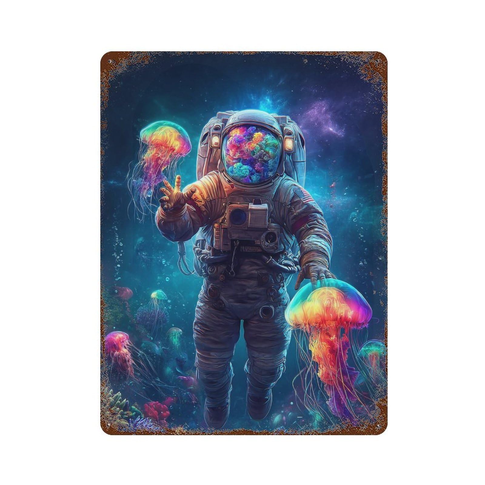 Vintage Metal Tin Sign Astronaut in Space Suit with Jellyfish 15.7"x11.8", Classic Wall Plaque for Pub, Kitchen And Man Cave Decor