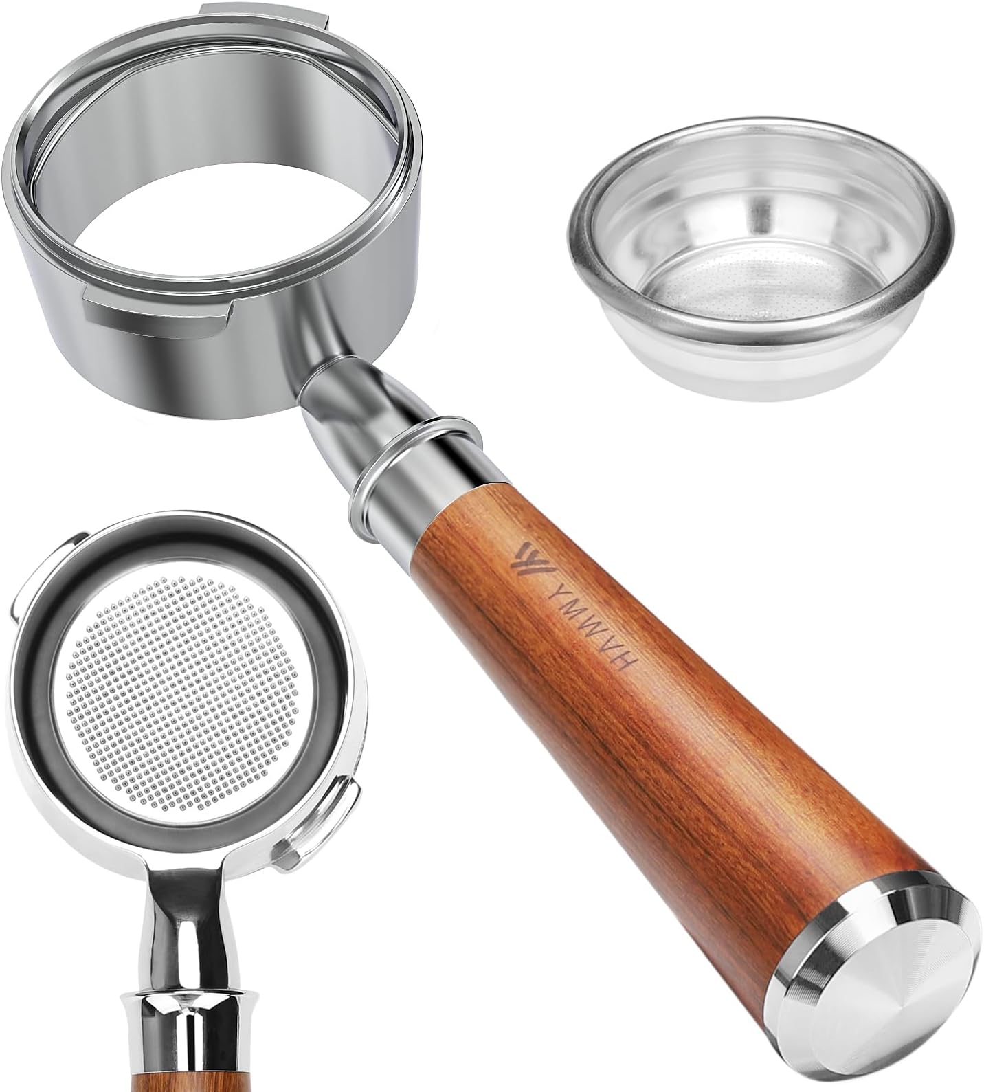 58mm Bottomless Portafilter - Professional Stainless Steel 2 Ears for 58 Gaggia Machines With Walnut Handle & Filter Basket - Not Suitable With E61 Groupheads