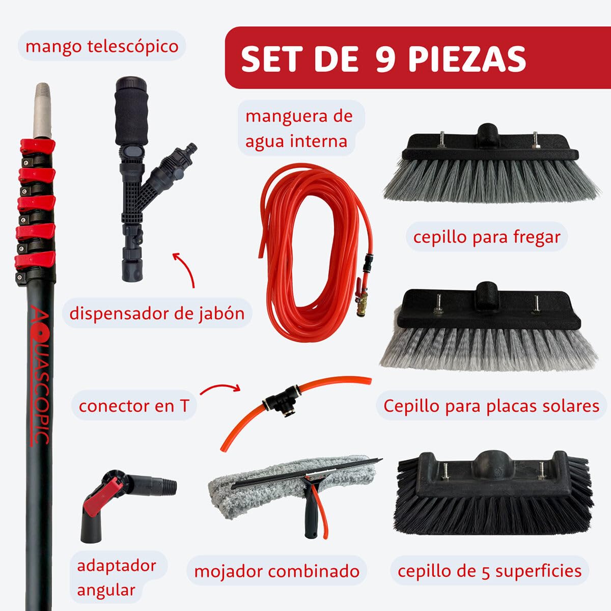 Aquascopic varilla telescópica de aluminio All-in-One - 7,2 m - con cepillo para paneles solares, de 5 superficies, para fregar y combinador de lavado