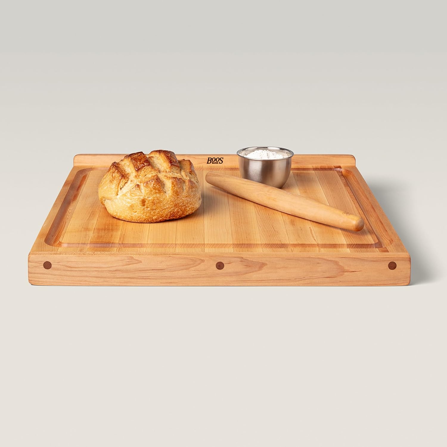 John Boos Countertop Series Rectangular Wooden Maple Cutting Board 23.75”x23.75” – 1.25” Thick, 26-lb Reversible Butcher Block with Juice Groove, Counter Lip & Edge-Grain – Made in the USA