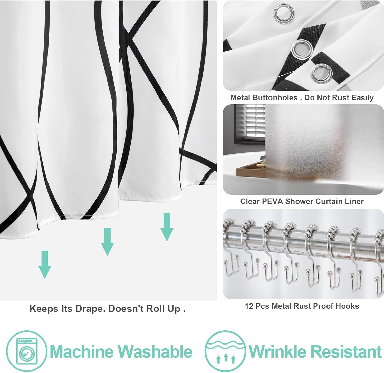 ORTIGIA 3 in 1 Shower Curtain and Clear PEVA Liner Set with 12 Rust Proof Double Sided Metal Shower Curtain Hooks, Striped Shower Curtain Waterproof for Bathroom 72 Wx72 H (Charcoal)