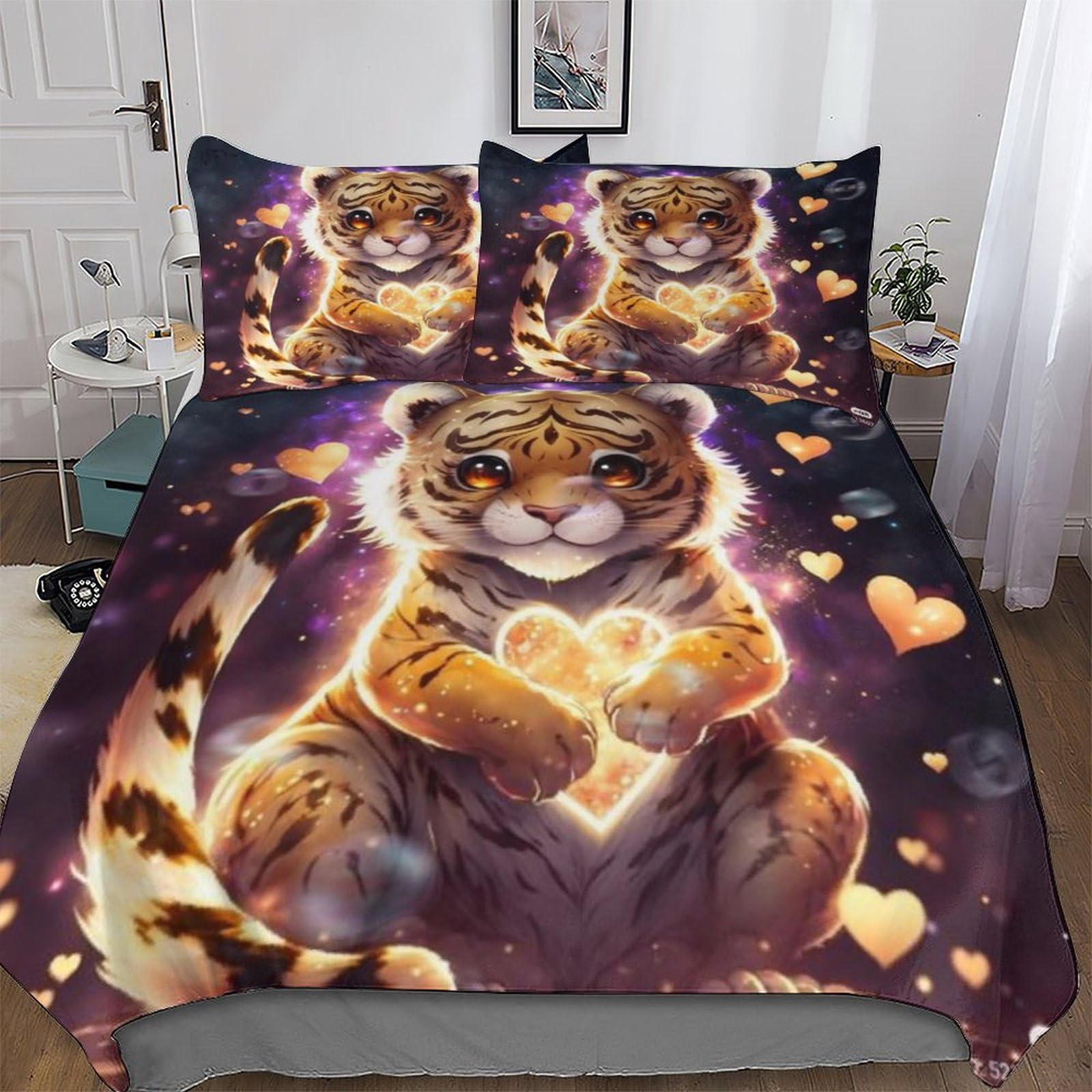 Housse de couette tigre anti-plis king size parure lit 3 pièces