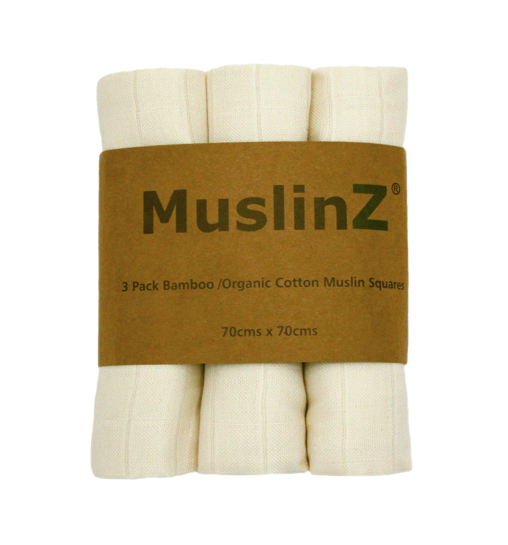MuslinZ 3PK Baby Muslin Squares, Burp Cloths, Newborn Essentials, Soft Bamboo/Organic Cotton 70 x 70cm (Unbleached)