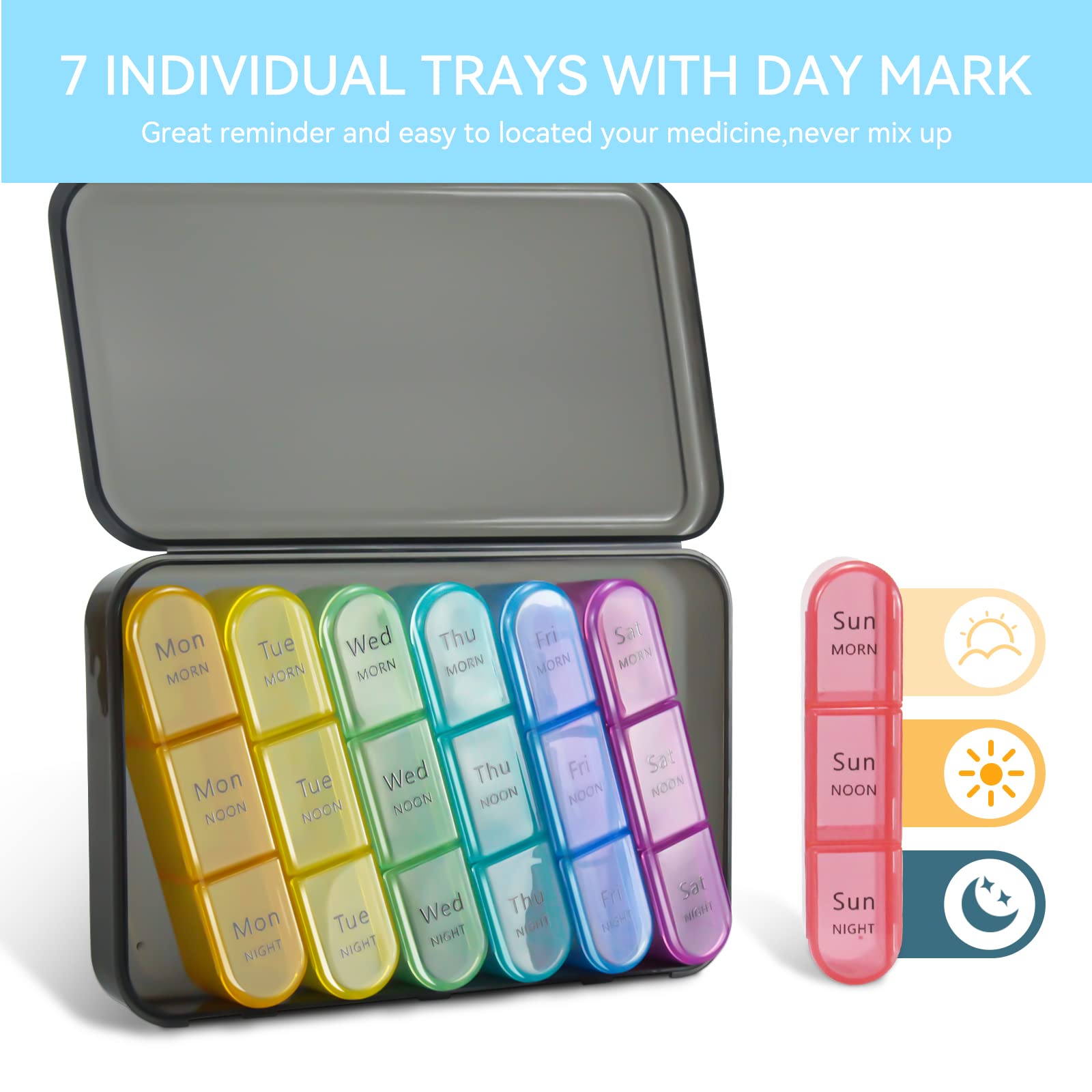 Weekly Pill Organizer 3 Times A Day, 7 Day Pill Box Large Compartments Moisture-Proof Pill Case, Daily Portable Travel Morning Noon Evening Pill Container, for Fish Oils, Vitamins, Supplements