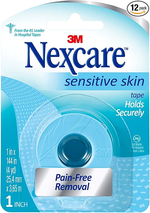 Nexcare Sensitive Skin Low Trauma Tape, 1 in x 4 yd, Pain-Free Removal, Hypoallergenic, 12 Rolls