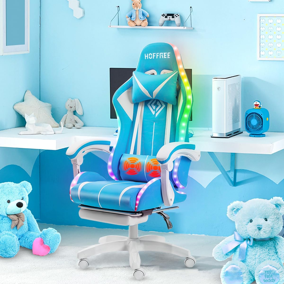 Diagram illustrating flexible adjustments of the gaming chair, including back recline from 90 to 135 degrees, retractable footrest, 360-degree swivel, and linkage armrests.