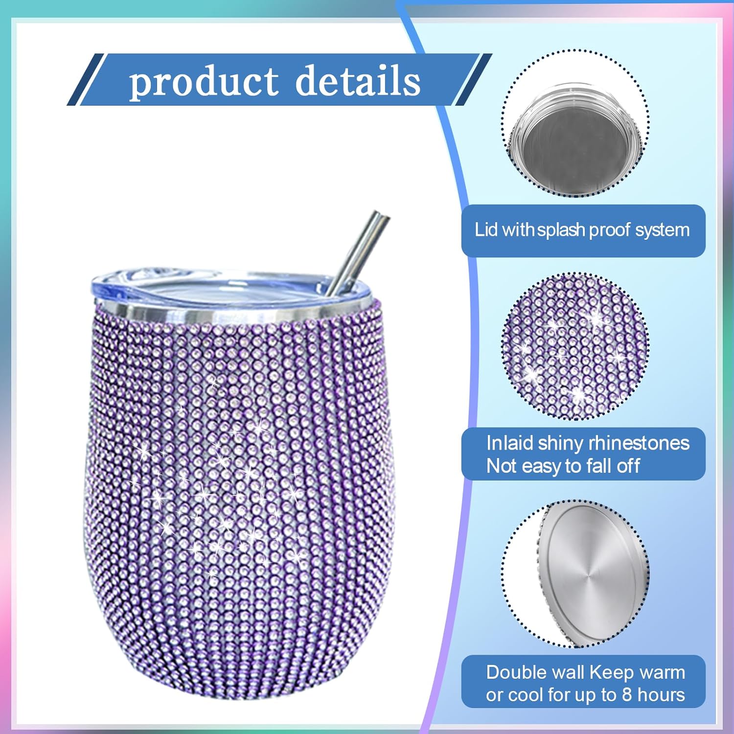 INSTOME 3Pcs Bling Water Bottle Set - Sparkling Diamond-Like Rhinestone Cups for Women, 12oz & 10oz Glitter Tumblers with Straws for Daily Use (Purple)