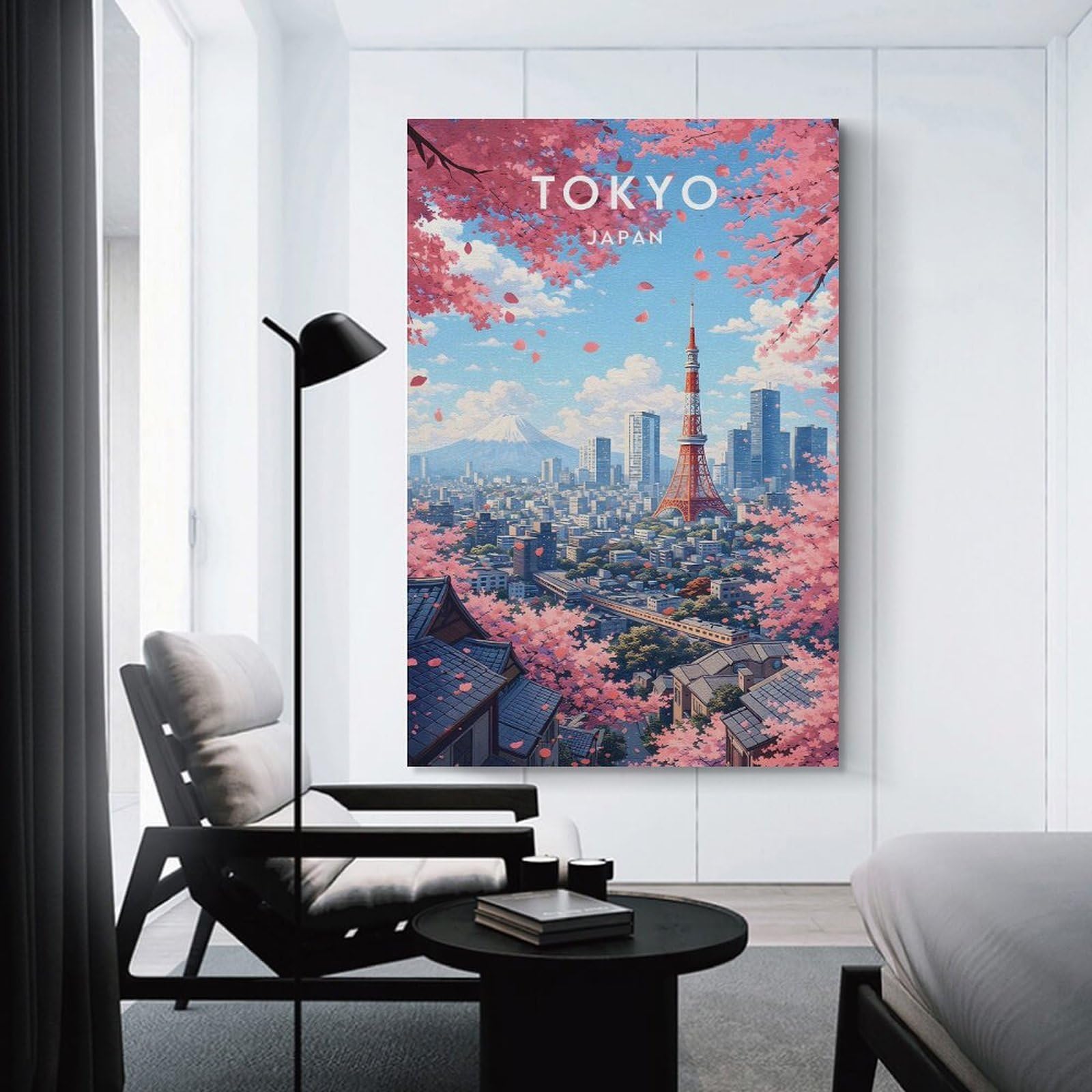 Junmoney Unframe-Style Hanging Wall Art Tokyo Cityscape With Cherry Blossoms, 24X36inch(60X90cm), For Gallery Wall Layouts In Home Or Office, An Easy Match For Collected Prints