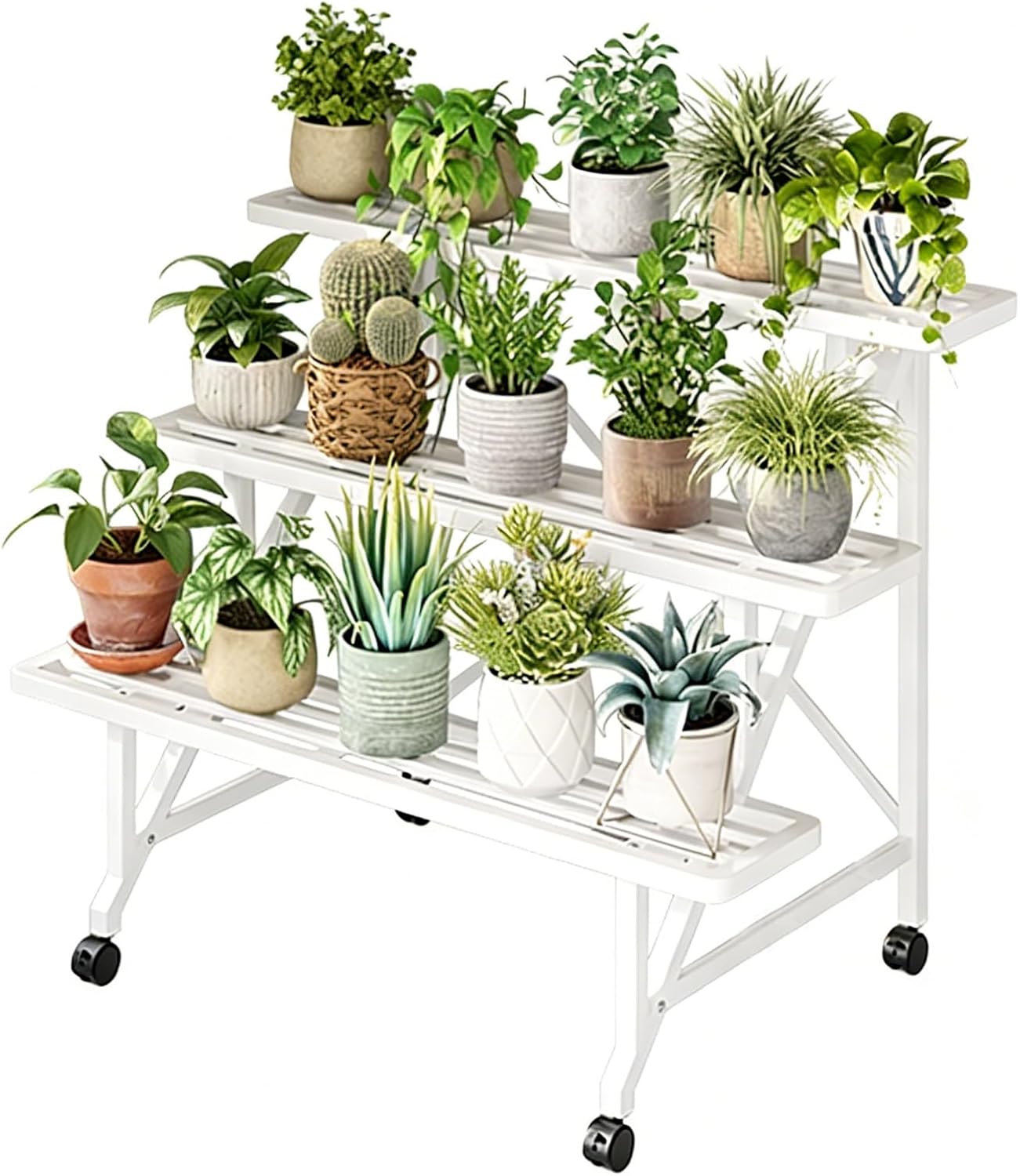 Plant-Racks Versatile Plant Stand - Rolling Iron Flower Rack for Indoor/Outdoor, 2/3-Layer Staircase Design for Potted Plants, Shelf for Patio, Balcony Living Room(White,3layers 100cm)
