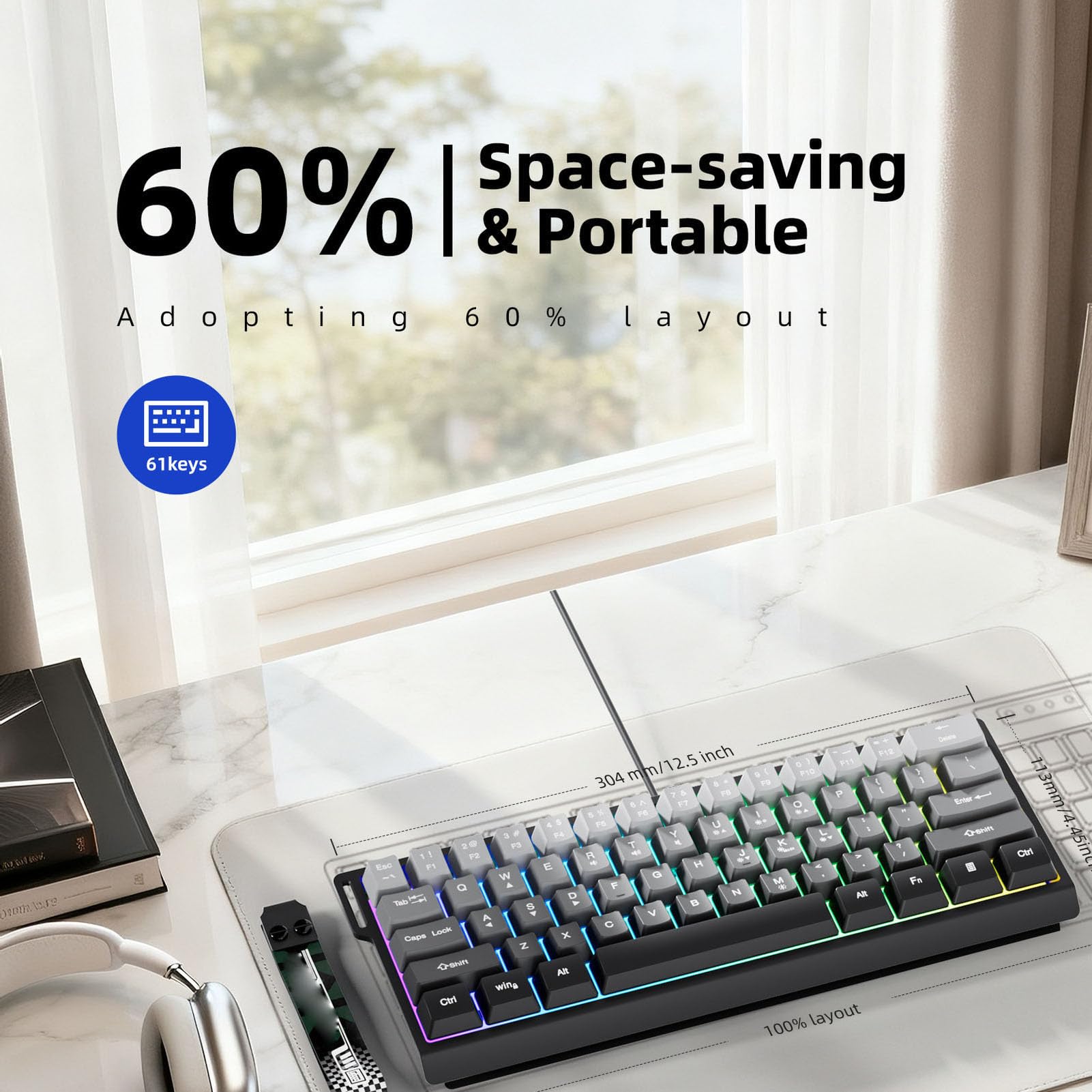 Garsent Mechaniczna Klawiatura do Gier, 60-procentowa Przewodowa, Podświetlana Kompaktowa Mini 61 Klawiszy Klawiatura do Laptopa PC, Czerwony Przełącznik, Ergonomiczna