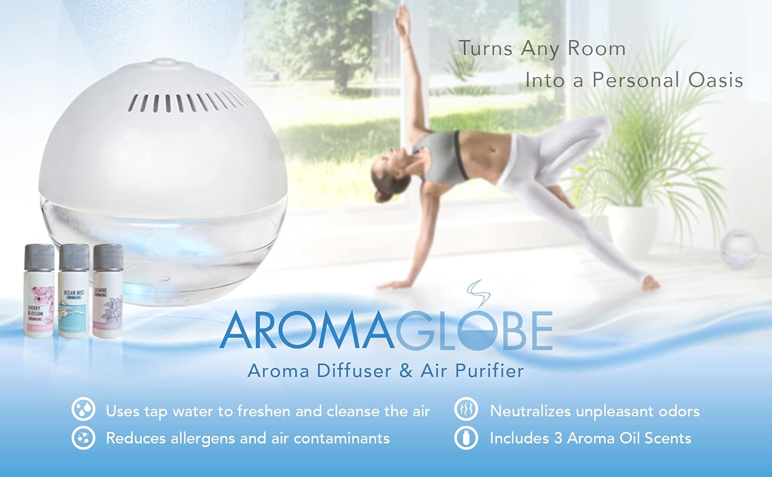 Daiwa Felicity Aroma Globe Air & Room Revitalizer - White Noise Aromatizer Air Washer Machine with Scented Oils, Water Air Revitalizer for Home and Office, with Calming Led Rainbow Led Lights