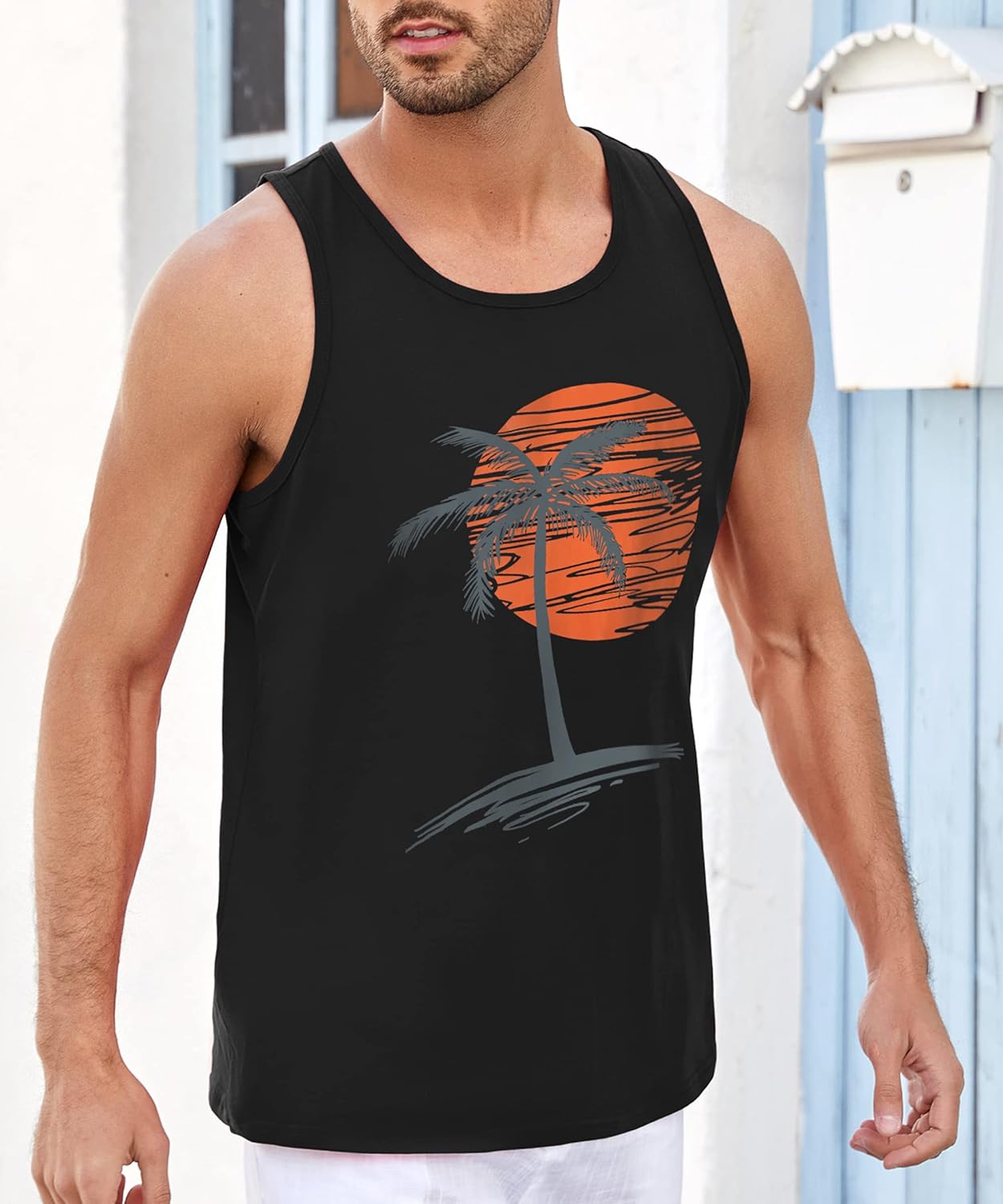 Runcati Mens Workout Tank Tops Gym Sleeveless Shirts Palm Tree Vintage Style T-Shirt - Image 4