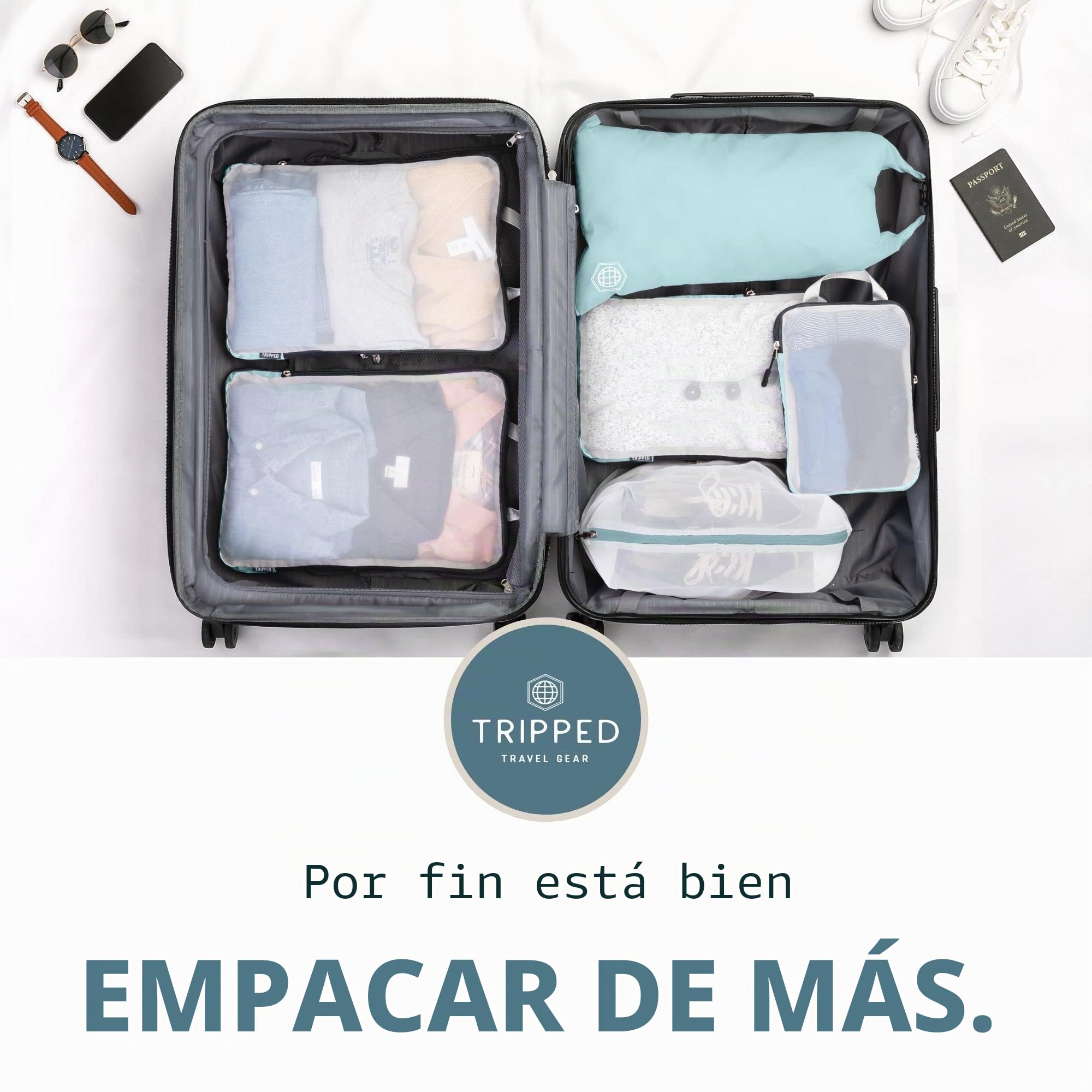 TRIPPED Travel Gear Organizadores para maleta, embalaje, grandes, con malla transparente, organizadores de viaje, compresión, turquesa polvoriento