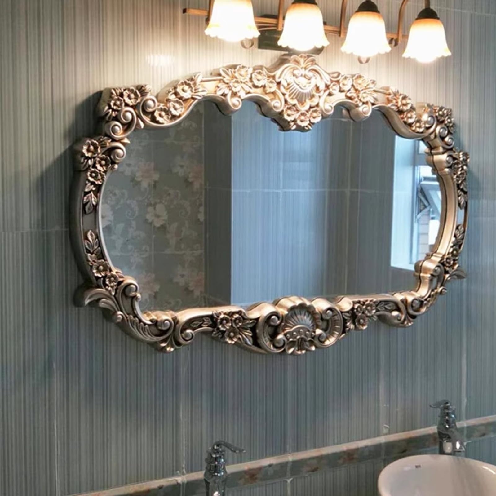 Extra Großer Dekorativer Barockspiegel Mit Rahmen, Spiegel Bad 115x78cm 147x95cm Rechteckiger Badezimmer-Wandspiegel, Horizontal Hängender Vintage-Spiegel Badezimmer，Gold, Silber(Gold)