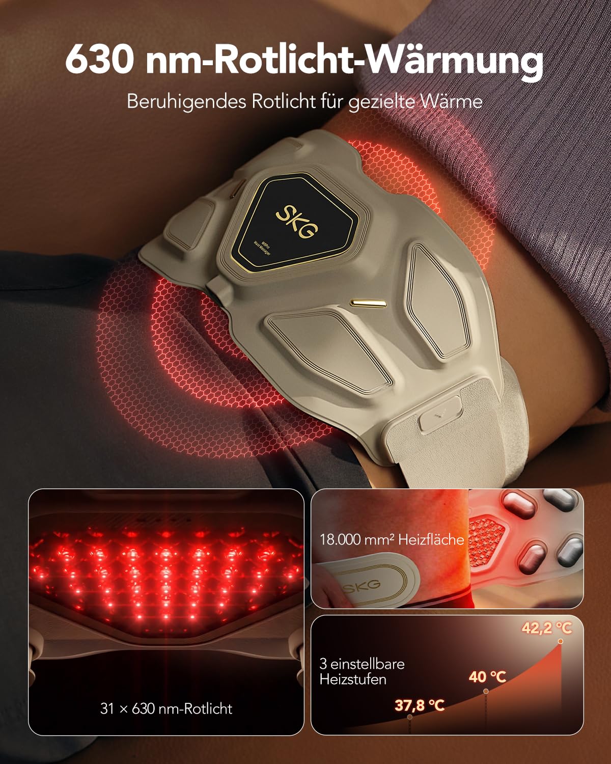 SKG® Das Original kabelloser Massagegürtel mit Wärme für den unteren Rücken – tragbar & verstellbar, Puls- und Vibrationsmassage zur aktiven Muskelentspannung, Geschenk für Mama Damen Herren, W9 Pro