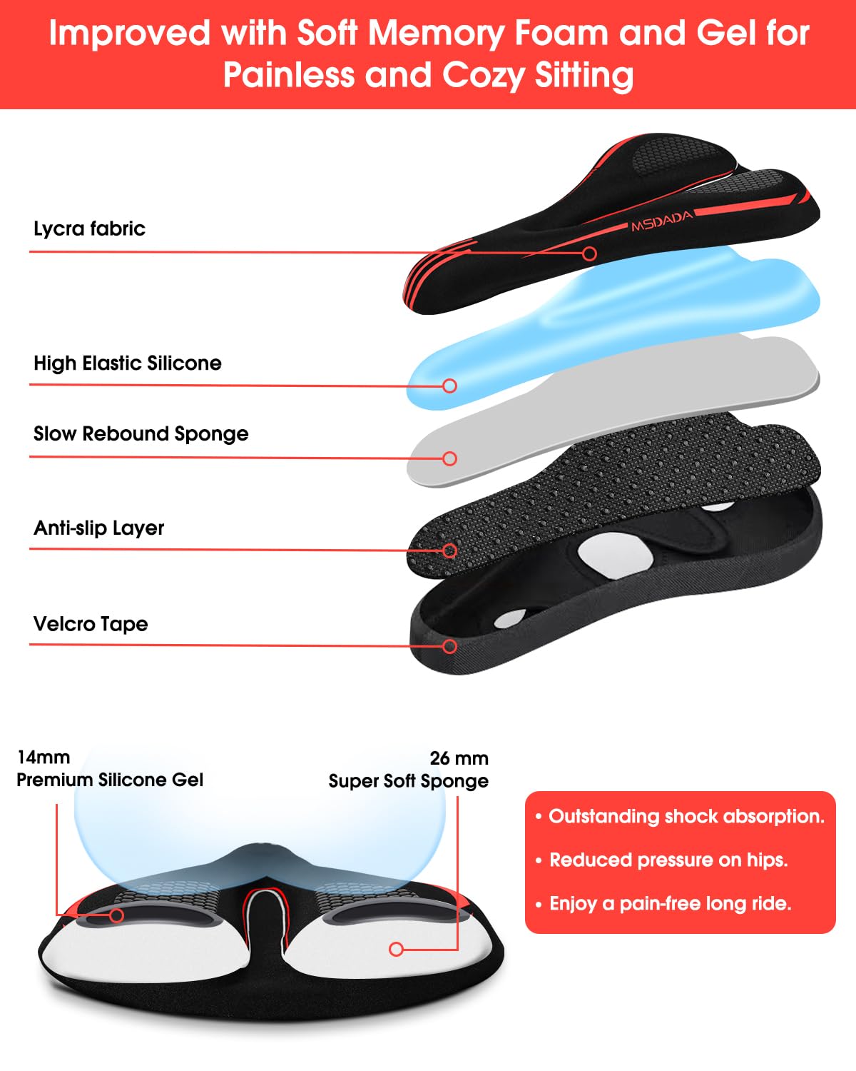 New Gel Bike Seat Cover Padded, MSDADA Soft Bike Seat Cover Cushion for Men & Women - Image 4