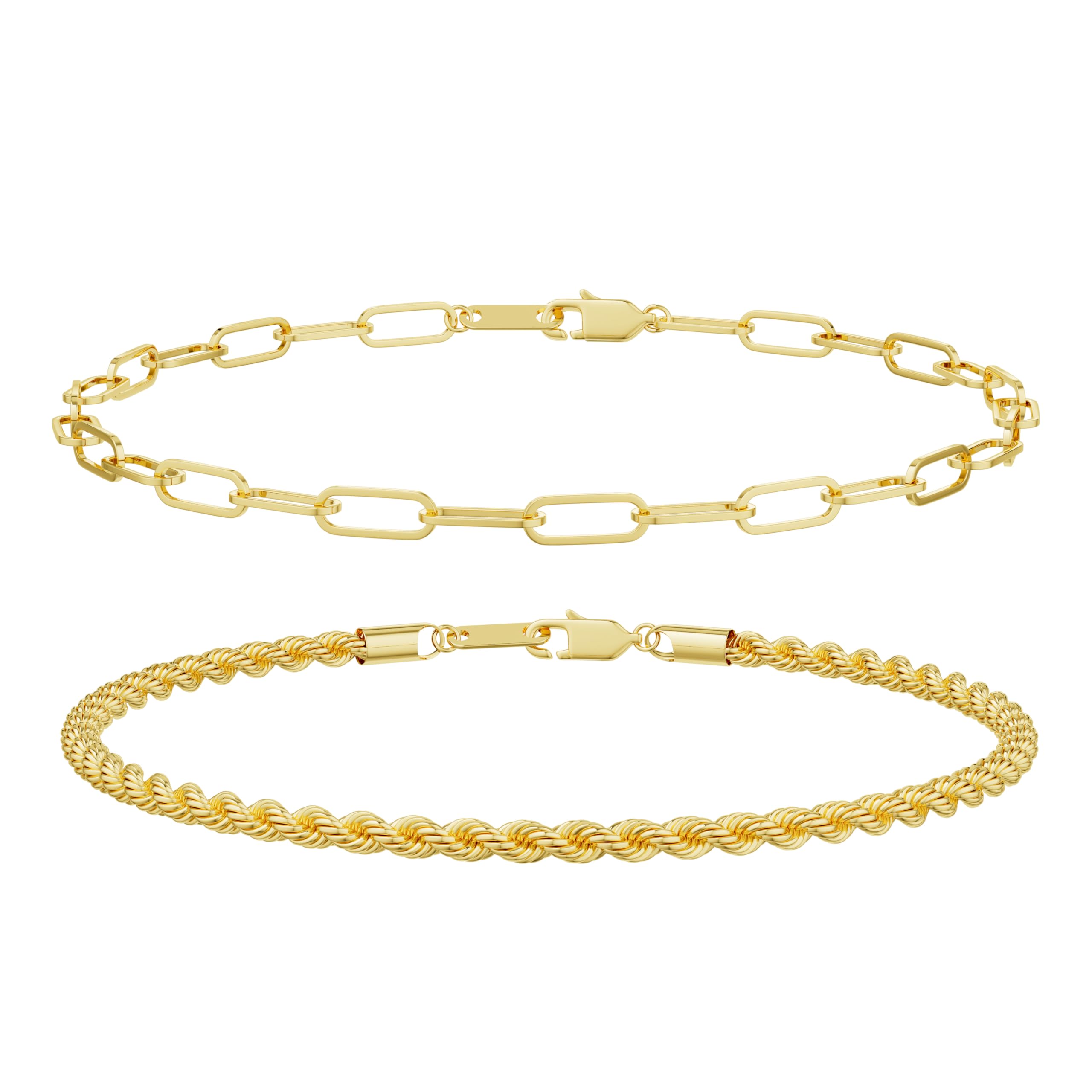 Risamil 14K Gold Plated Mens Bracelet, Bracelets for Men Layered Paperclip Rope Chain Bracelets Set 6.5-9 Inches Mens Bracelet Mens Jewelry Gifts for