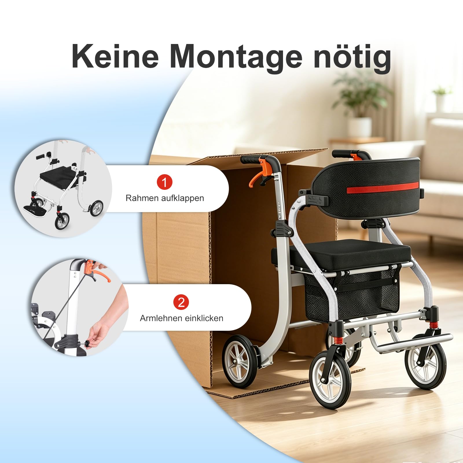 3-in-1 Aluminium Rollator Rollstuhl Faltbar und Leicht mit Sitz, Höhenverstellbar Gehhilfe, 9,3 kg Leichtgewicht Reiserollator Schmal für Wohnung, Rollatoren mit Aufbewahrungstasche (Weiß)