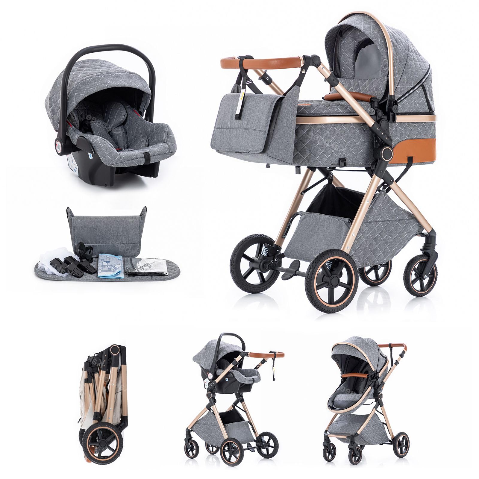 Cochecito 3 en 1 con Silla de Coche, Carrito bebé Plegable, Manillar 7 Alturas, Suspensión 4 Ruedas, Funda de Lluvia y Mosquitera, Sistema de Viaje para Recién Nacidos 0-3 Años 15kg,Gris claro