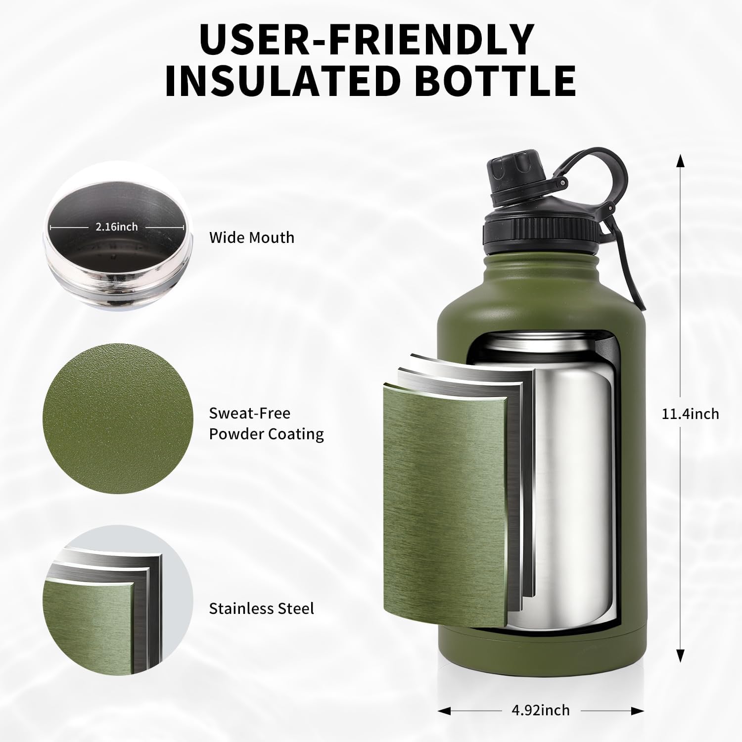 MOON LENCE Insulated Water Bottle, 64 oz Battle Water Jug with Molle Sleeve, Stainless Steel Water Bottles with Changeable Lids, Tactical Water Bottle for Camping, Hiking, Gym Hunter Green