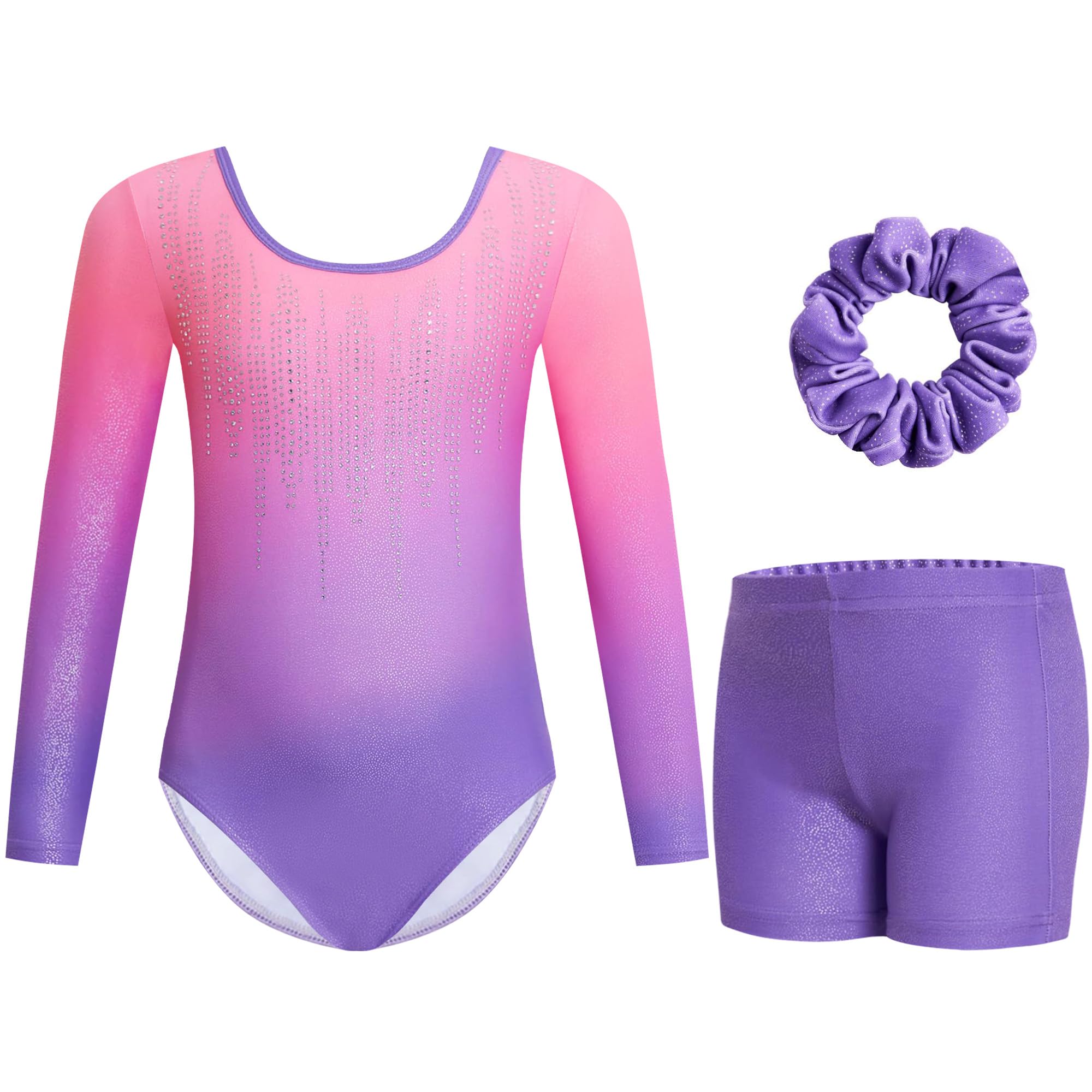 Gogokids Mädchen Dreiteilige Gymnastikanzüge, Langärmliges Gymnastik Set mit Shorts und Haarband, Glitzernde Balletteinheitstrikots - Gymnastik Outfit mit Farbverlaufdesign für 3-12 Jahre
