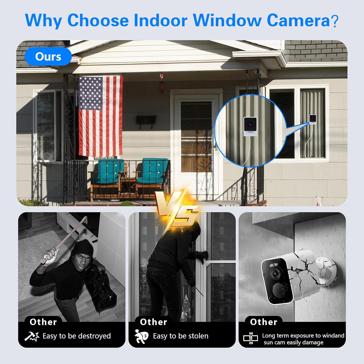 Swingers 3MP 2K Window Camera,2.4GHz & WiFi Indoor Cameras for Home Security with Phone app,Person & Motion Detection,Night Vision,Easy & Quick Install (2 Pack)