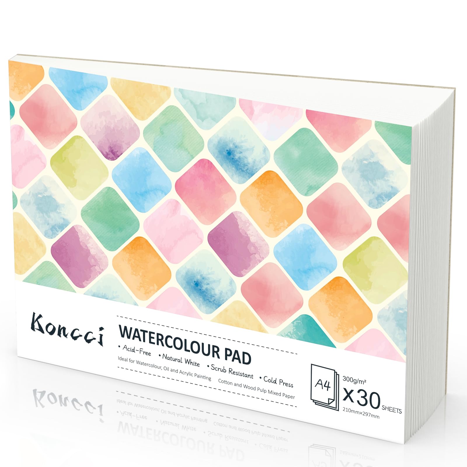 KONCCI Watercolour Paper Pad A4, 30 Sheets Watercolour Sketchbook 300GSM, Cotton Blend, Cold Press & Acid-Free, Natural White