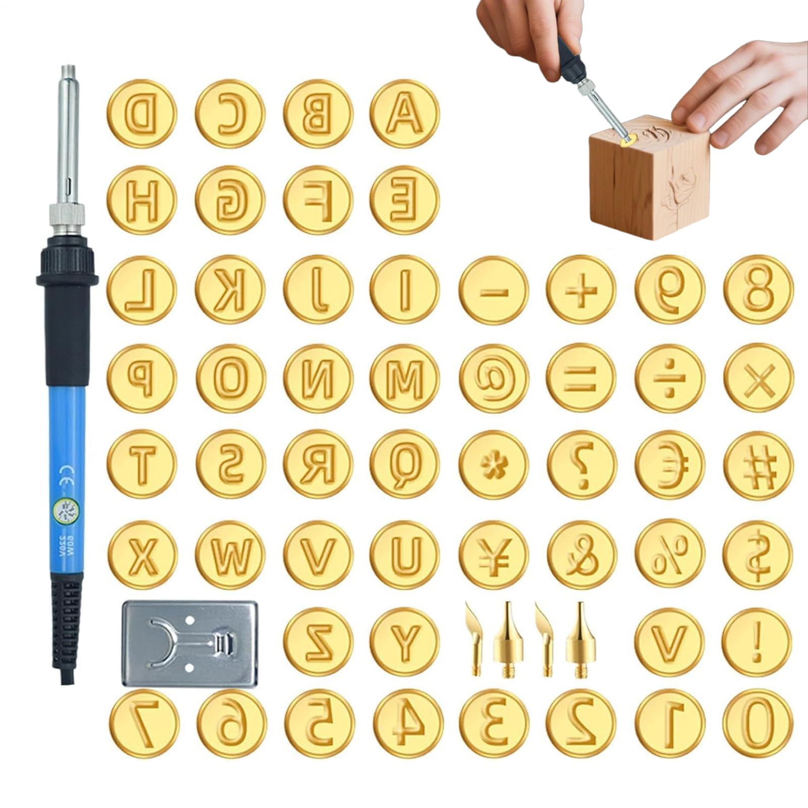 Kit De Pirograbado Para Letras En Madera - Estuche de Pirógrafo con Sellos Alfabéticos - Plantilla Alfabética y Numérica, Lápiz Térmico Regulable para Grabado y Repujado en Artesanías
