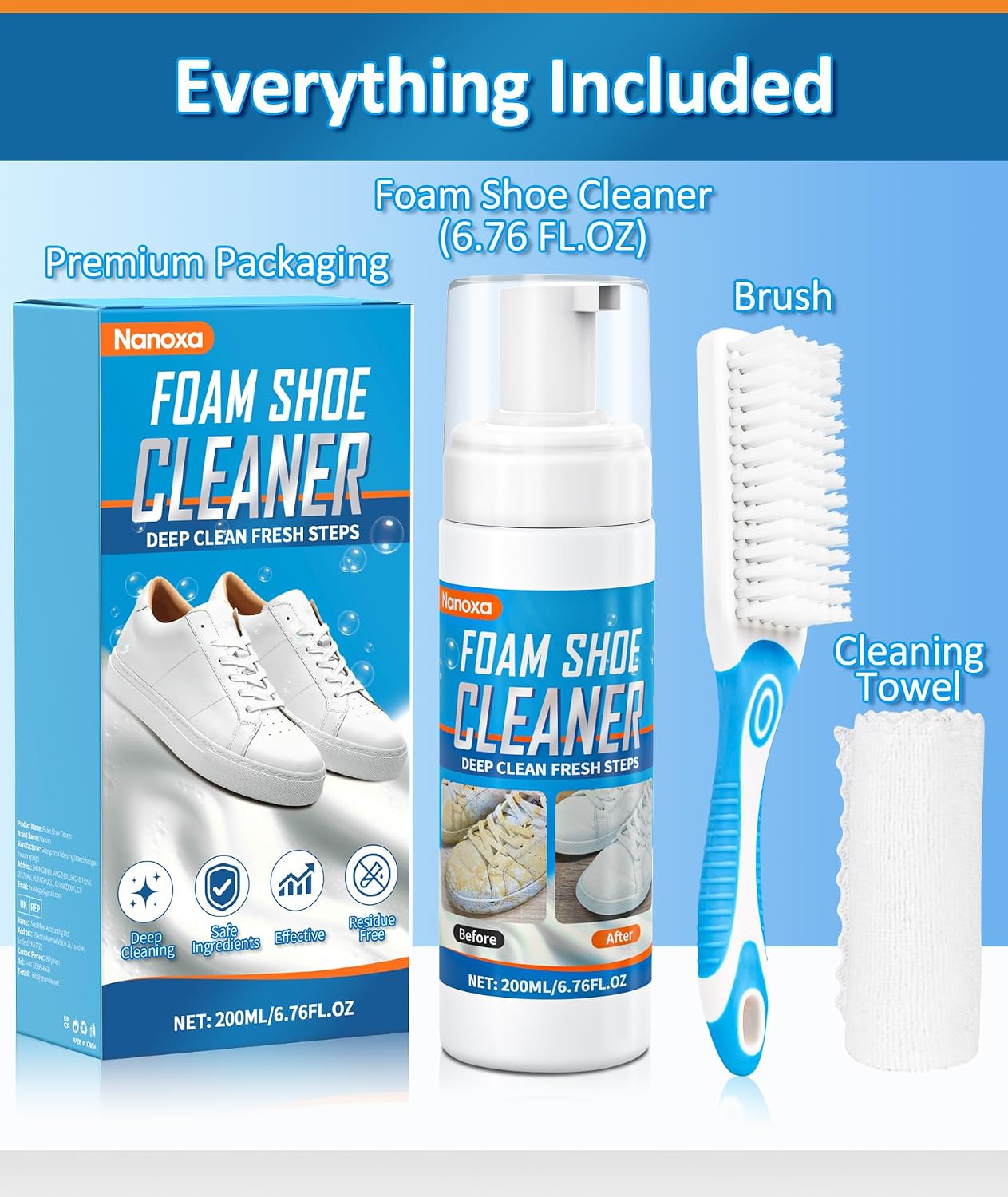 Shoe Cleaner, Sneaker Cleaner with Brush & Towel, Foam Shoe Cleaning Kit for White Shoes, Leather, Boots, Canvas