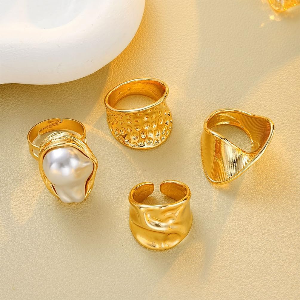 Chunky Gold Irregular Rings Stack Set for Women Statement Baroque Pearl Flower Stackable Knuckle Finger Ring Non Tarnish Boho Hammered Jewelry Gifts - Image 7