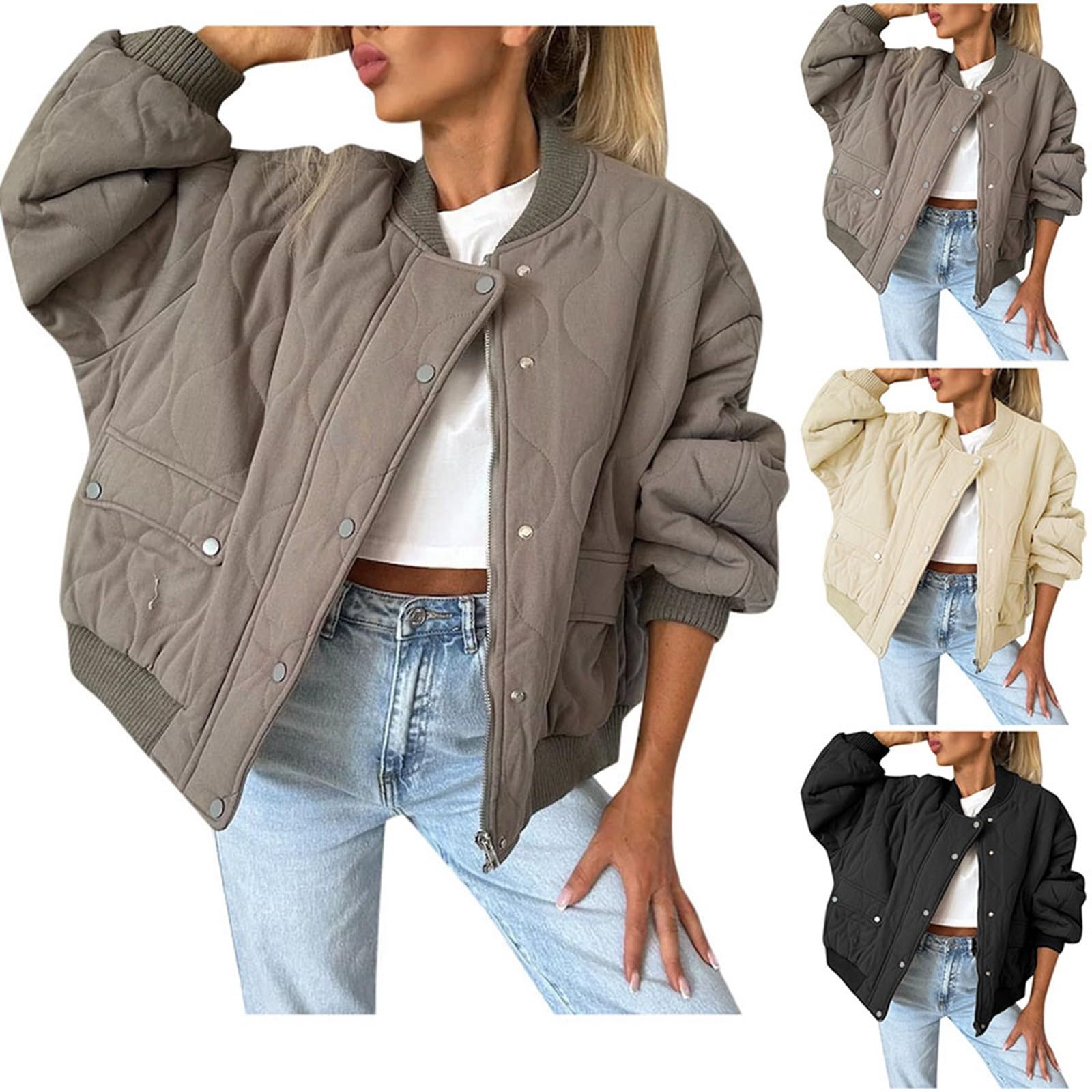 Sweatshirt Damen Ohne Kapuze Oversized Sweatjacke übergangsjacke Jacken Lässig Langarm Mantel Elegant Stehkragen Pufferjacken Winterjacke Warm Bomberjacke Knöpfen Winterparka Einfarbige