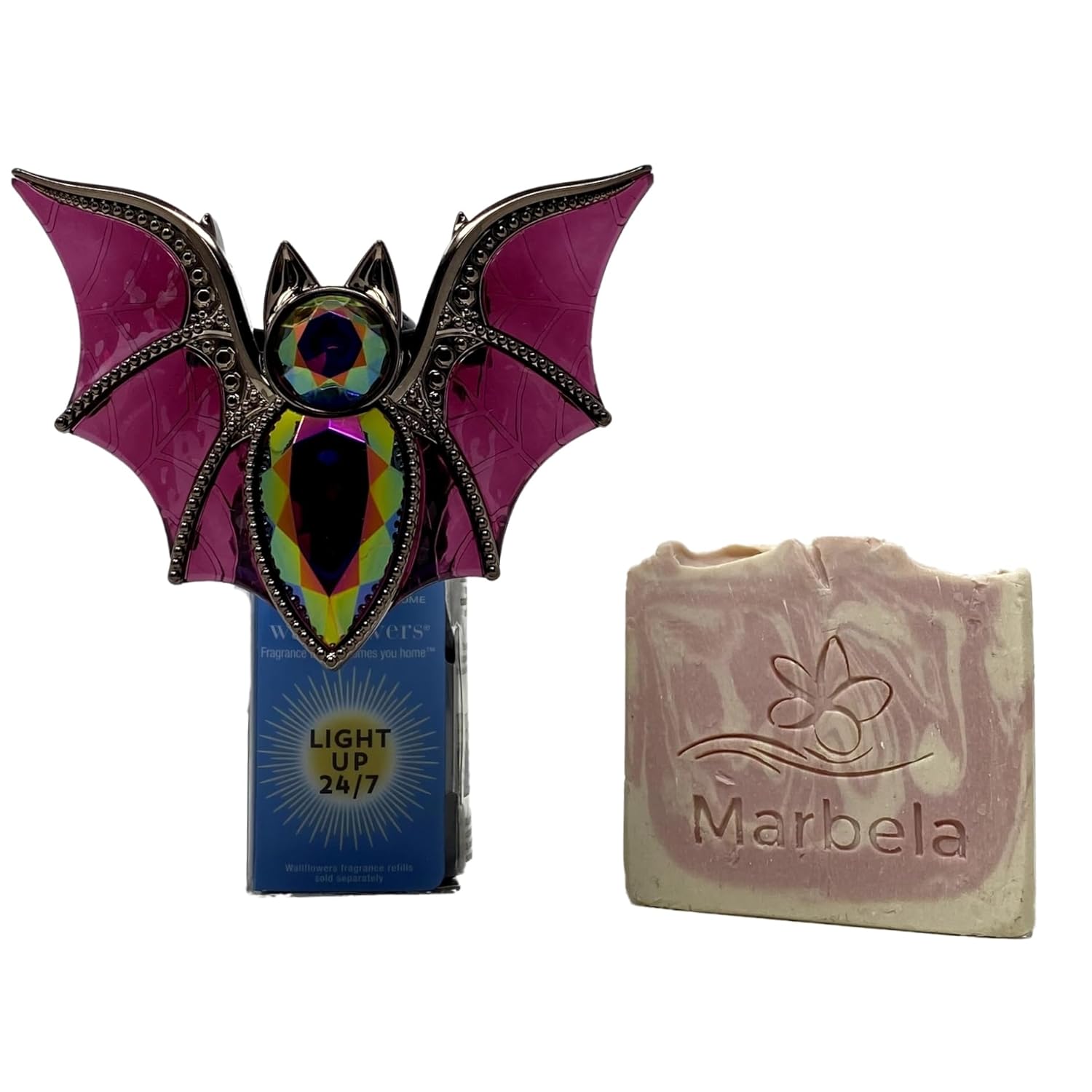 Bath and Body Works Wallflowers Plug Light Up Bejeweled Bat and a Marbela Sample Soap.