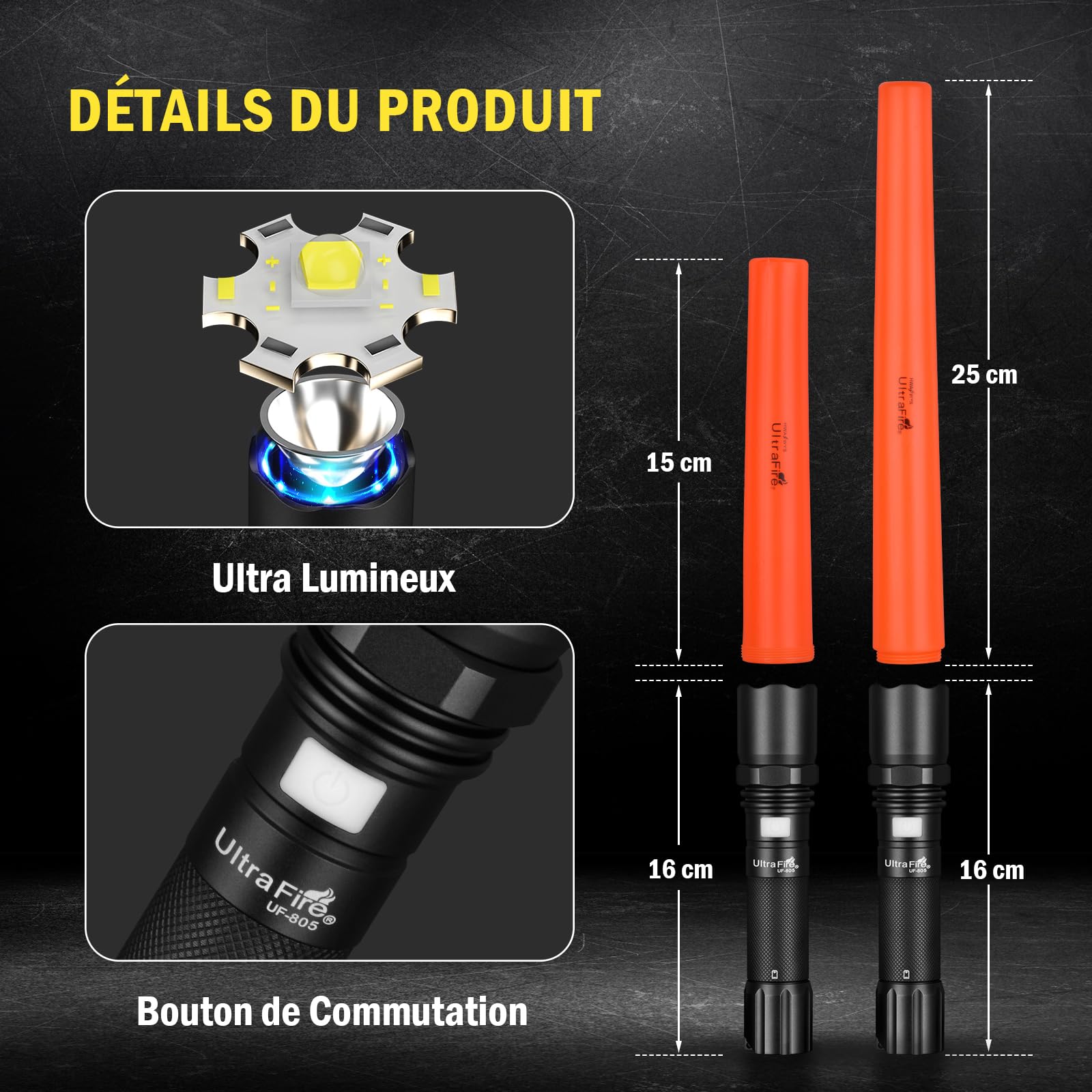 Ultrafire Bâton Lumineux de Signalisation Rechargeable, Lampe Torche LED 619 Lumens 3 Modes, Lampe de Sécurité Pour Contrôle Routier, Guidage Aérien, Camping et Urgences, Lot de 2 (12 & 16 Pouces)