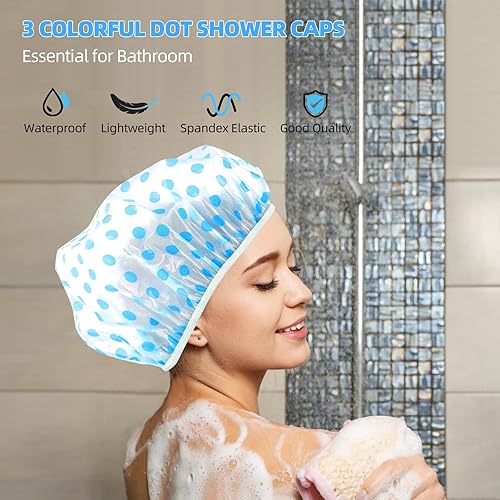 Miniatura 13 de Shower Cap, Reusable Shower Hat Bath Caps, Waterproof with Elastic Band Hair Hat for Men Women Ladies Spa Salon, Coloful Dotted, 3 Packs