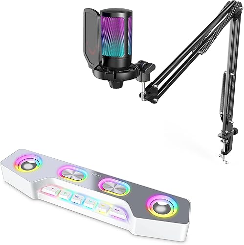 FIFINE Altavoz de computadora y micrófono de transmisión, micrófono USB para juegos de PC con botón de silencio de filtro de explosión, altavoz RGB