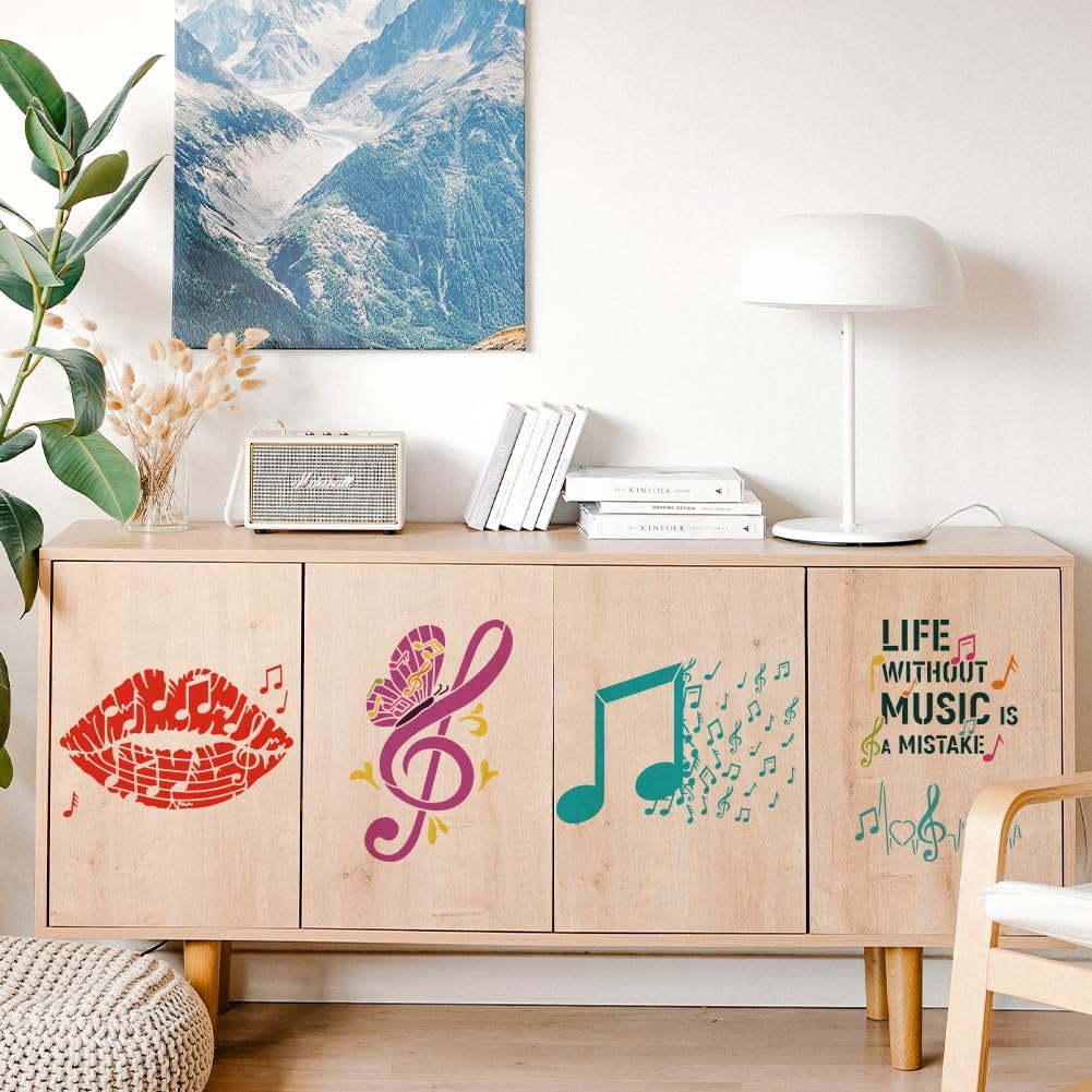 FINGERINSPIRE 4 pcs Music Painting Stencil 8.3x11.7 inch Reusable Musical Notes Lips Butterfly Drawing Template Life Without Music is a Mistake Stencil for Painting on Wood Wall Fabric Furniture